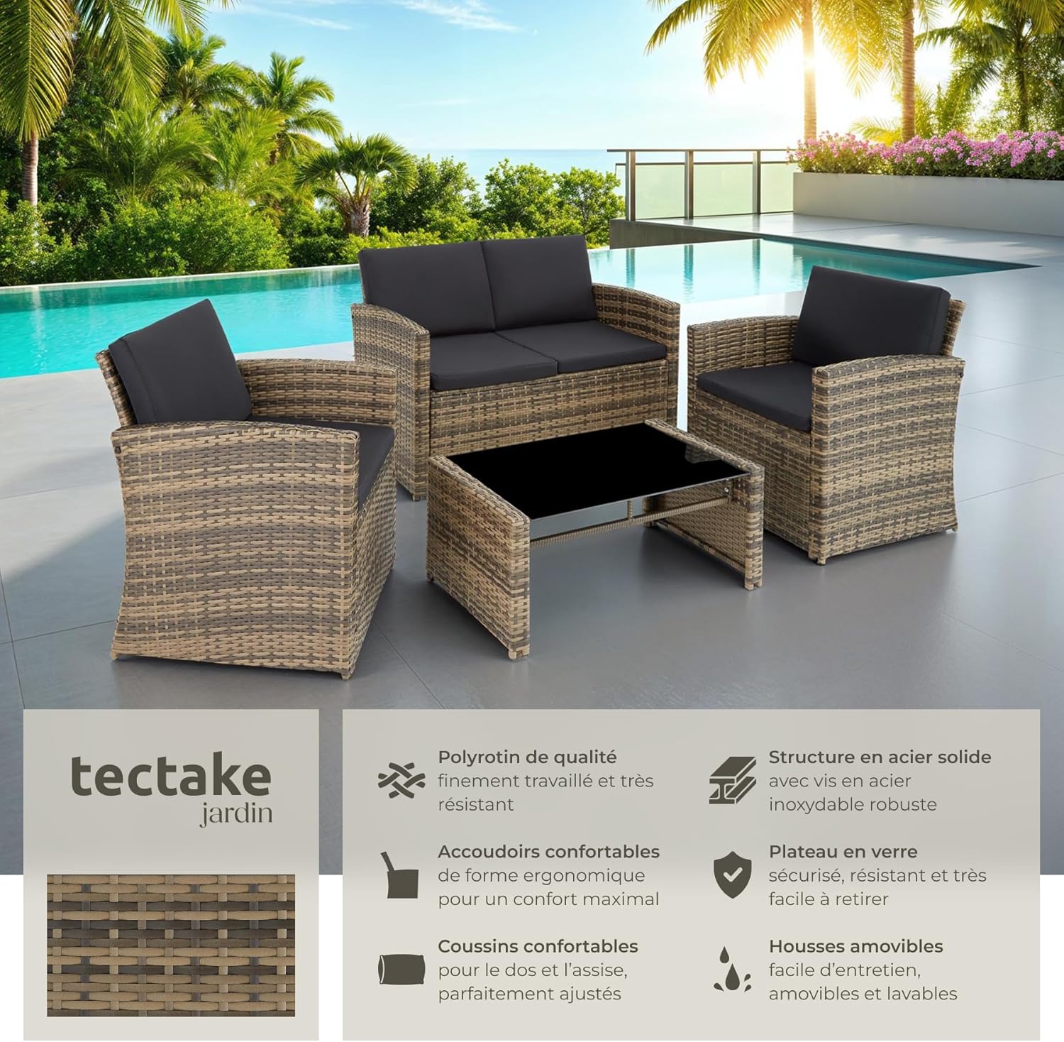 Salon jardin résine tressée 4 places table canapé fauteuils coussins