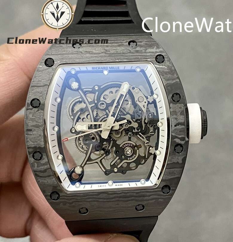 Richard Mille Super Clone Watches 1:1 RM 055 White Inner Bezel Carbon Tourbillon Black Strap