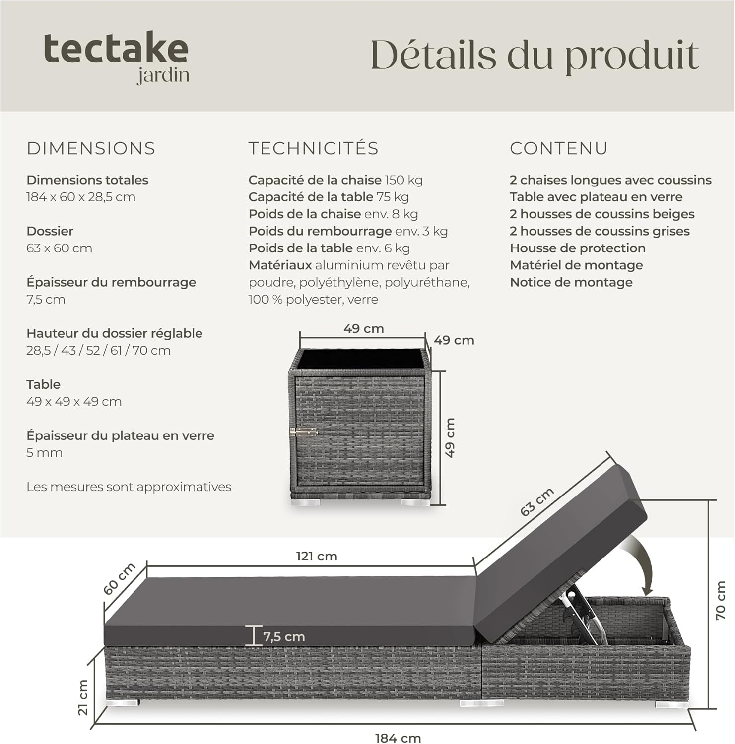 Set 2 chaises longues bain de soleil dossier réglable table aluminium résine tressée housses protection gris