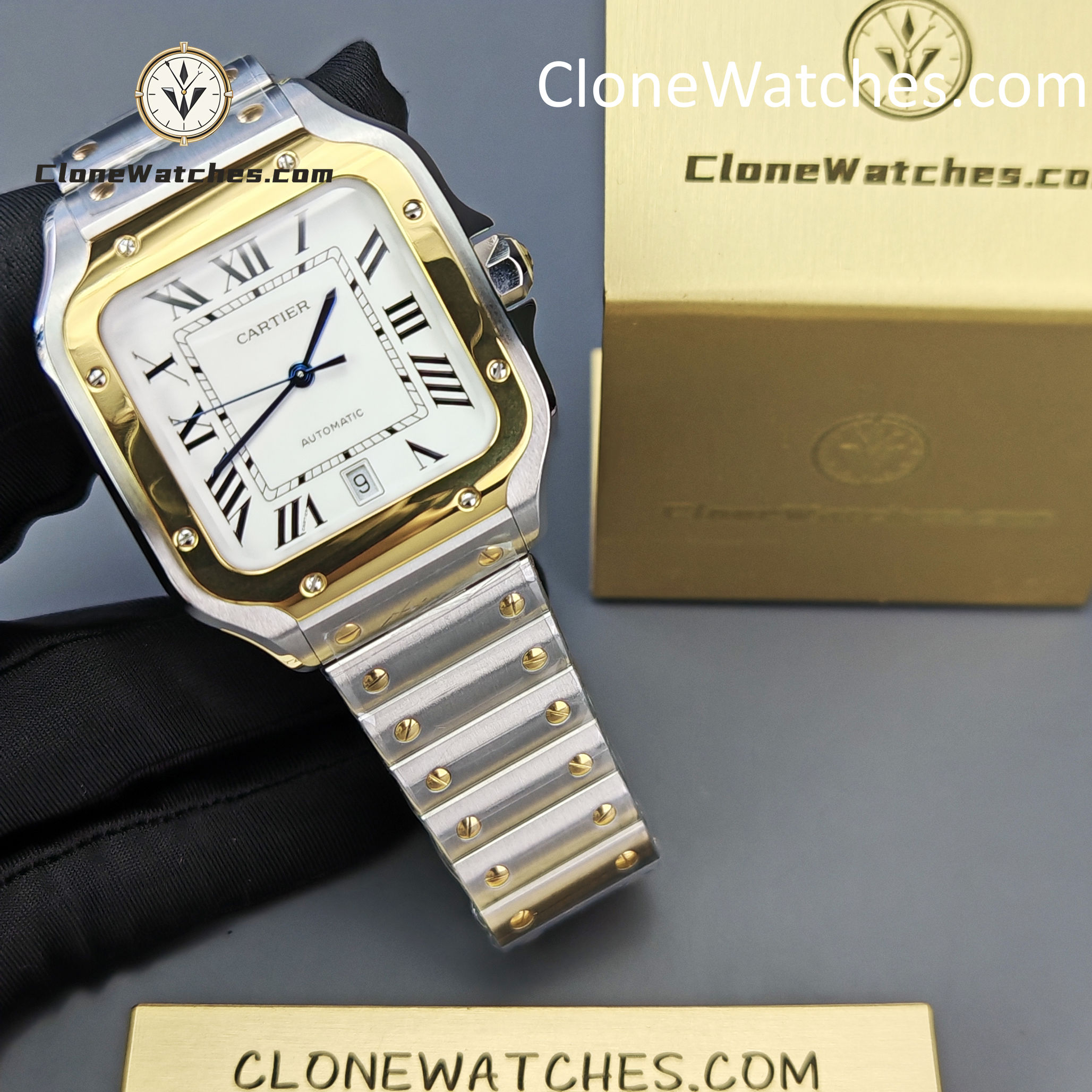Cartier Super Clone Watches 1:1 Santos Series White Dial 18K gold plated 39.8MM W2SA0009 Steel Strap