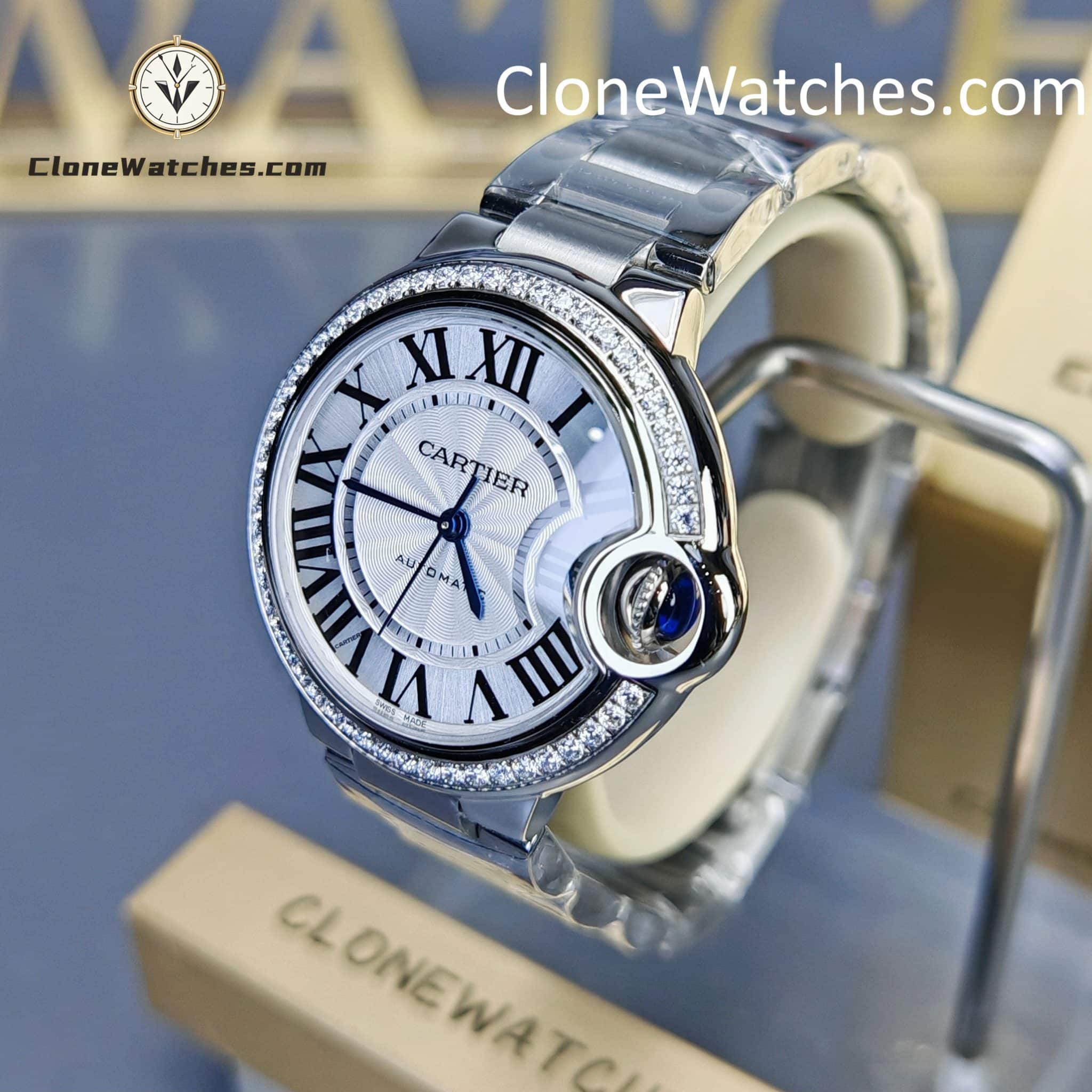 Cartier Super Clone Watches 1:1 Ballon Bleu de W4BB0024 Silver Dial Diamond Bezel 33mm