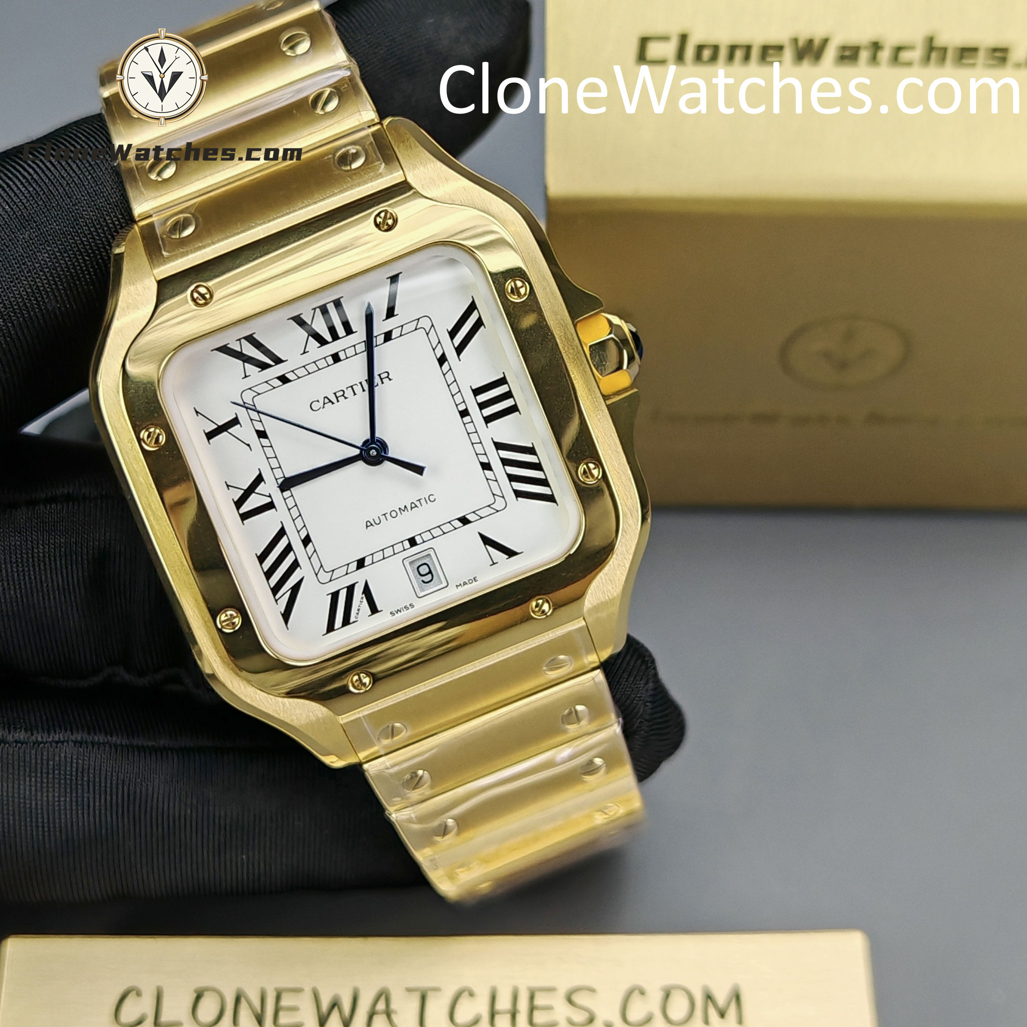Cartier Super Clone Watches 1:1 Santos 18K Gold White Dial 39.8MM WGSA0009