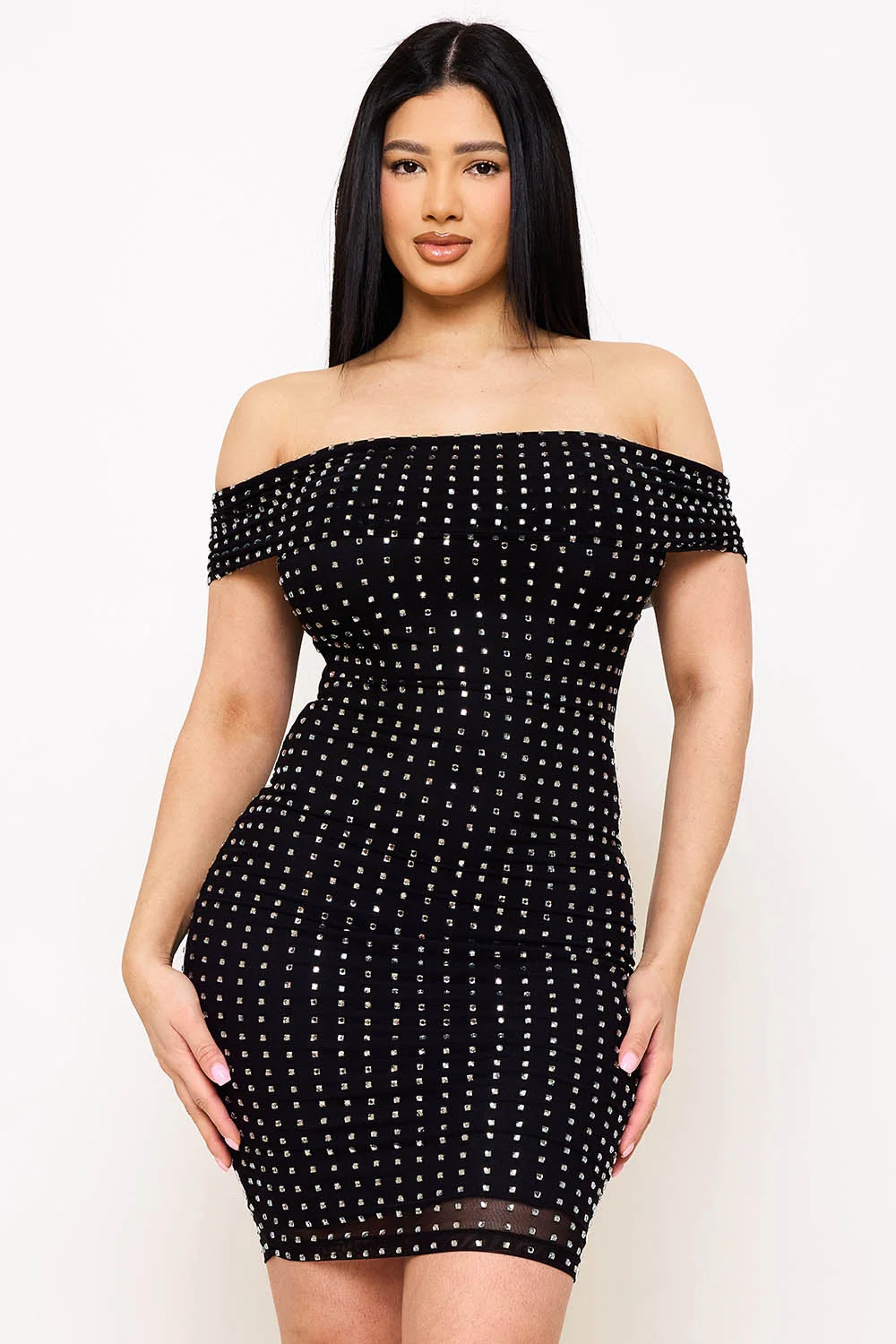 Symphony Dress - Square Rhinestone On Power Mesh Off The Shoulder Midi Dress