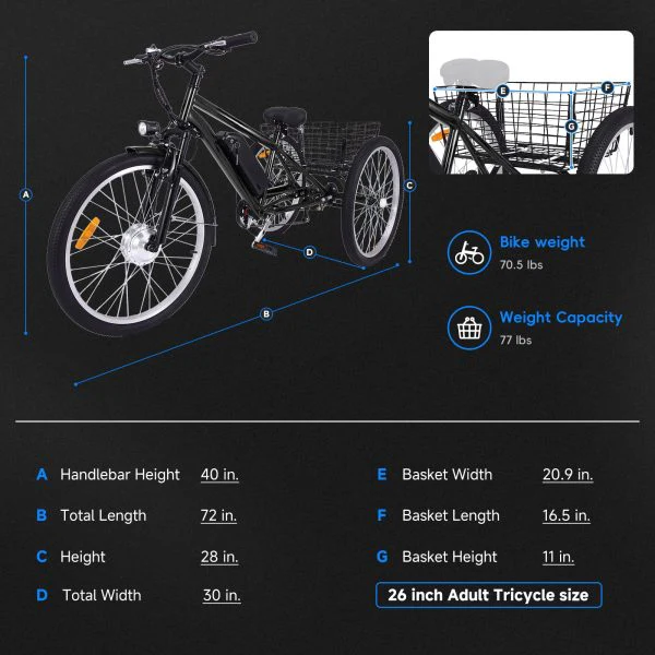 26 Inch Adult 3 Wheel Electric Tricycle with Basket, Fat Tires,7 Speeds,350W Powerful Motor, 36V 10Ah Removable Battery Dark Gray