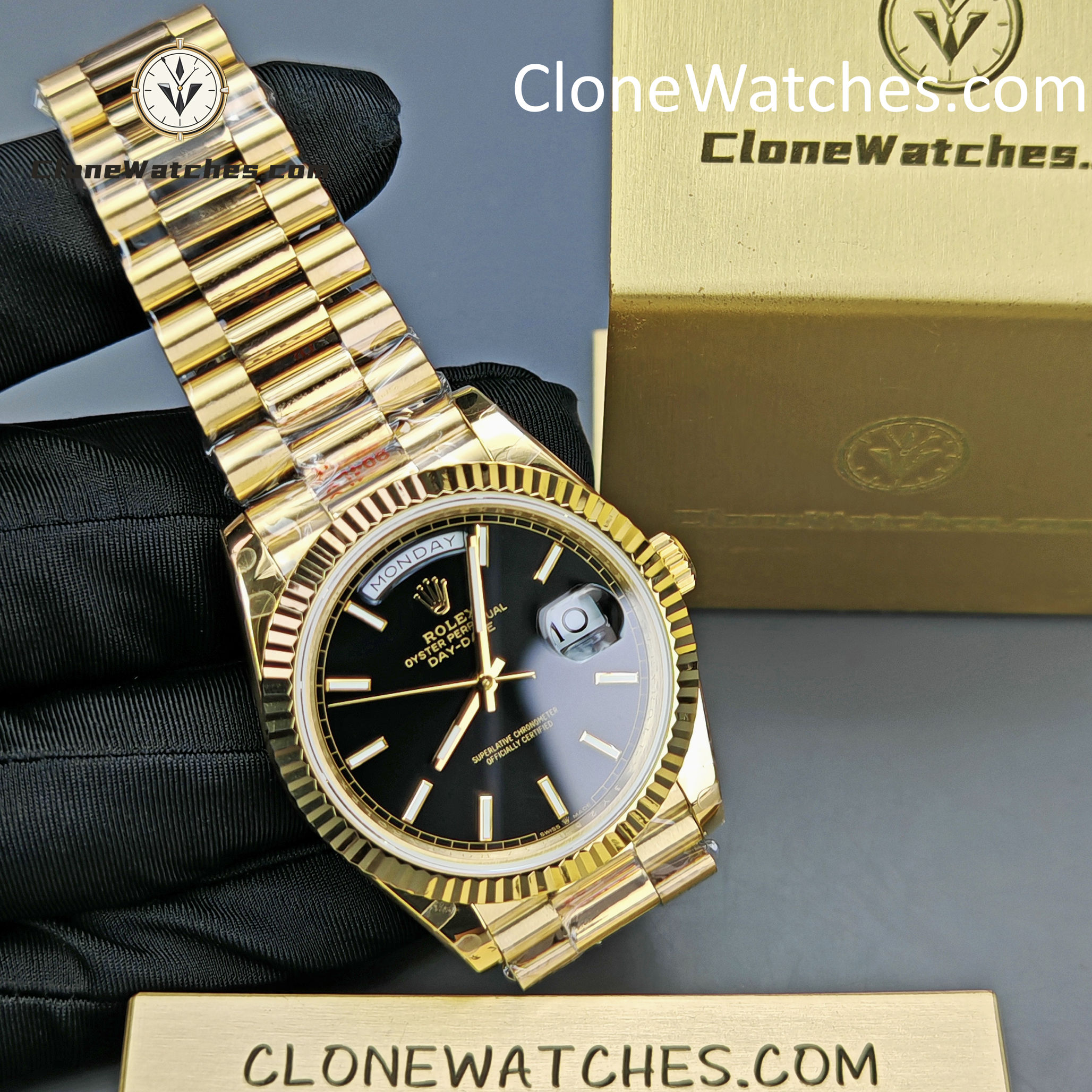 Rolex Super Clone Watches 1:1 Day Date 18K Gold Black Dial 40mm m228238-0067 3255 Movement