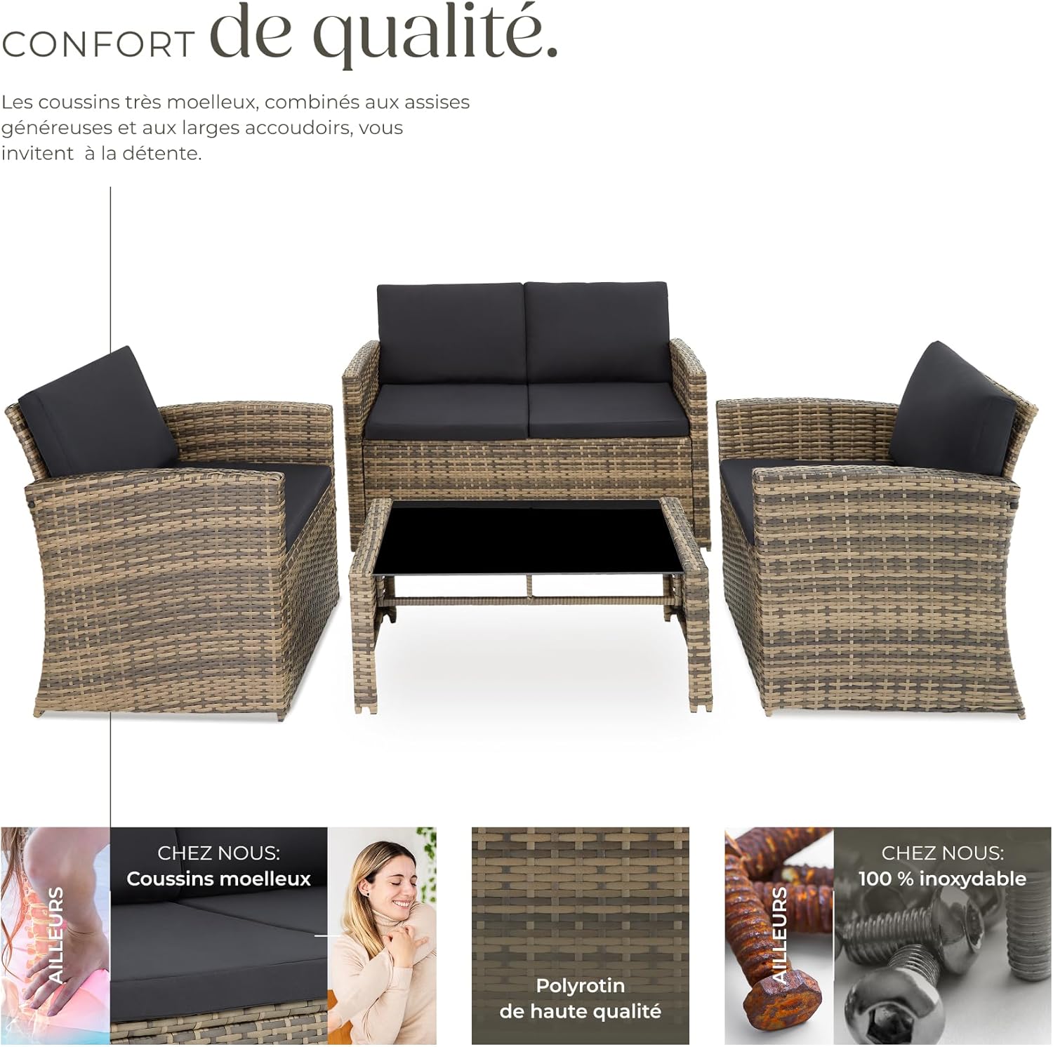 Salon jardin résine tressée 4 places table canapé fauteuils coussins