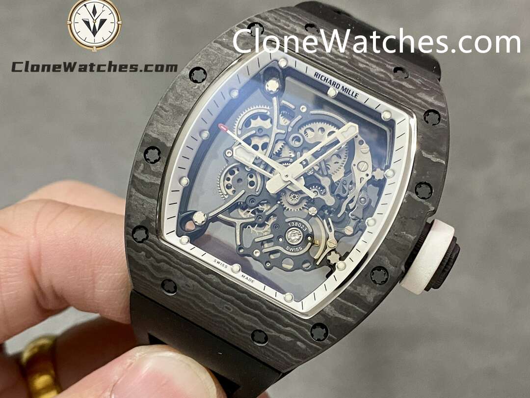 Richard Mille Super Clone Watches 1:1 RM 055 White Inner Bezel Carbon Tourbillon Black Strap