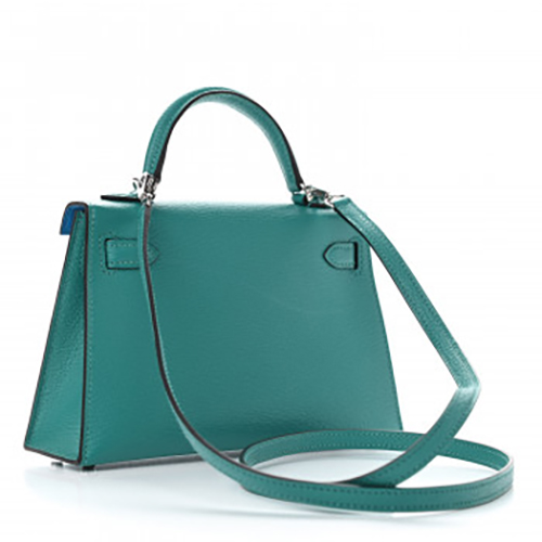 HERMES Chevre Mysore Verso Mini Kelly Sellier 22 Vert Verone Bleu Zanzibar