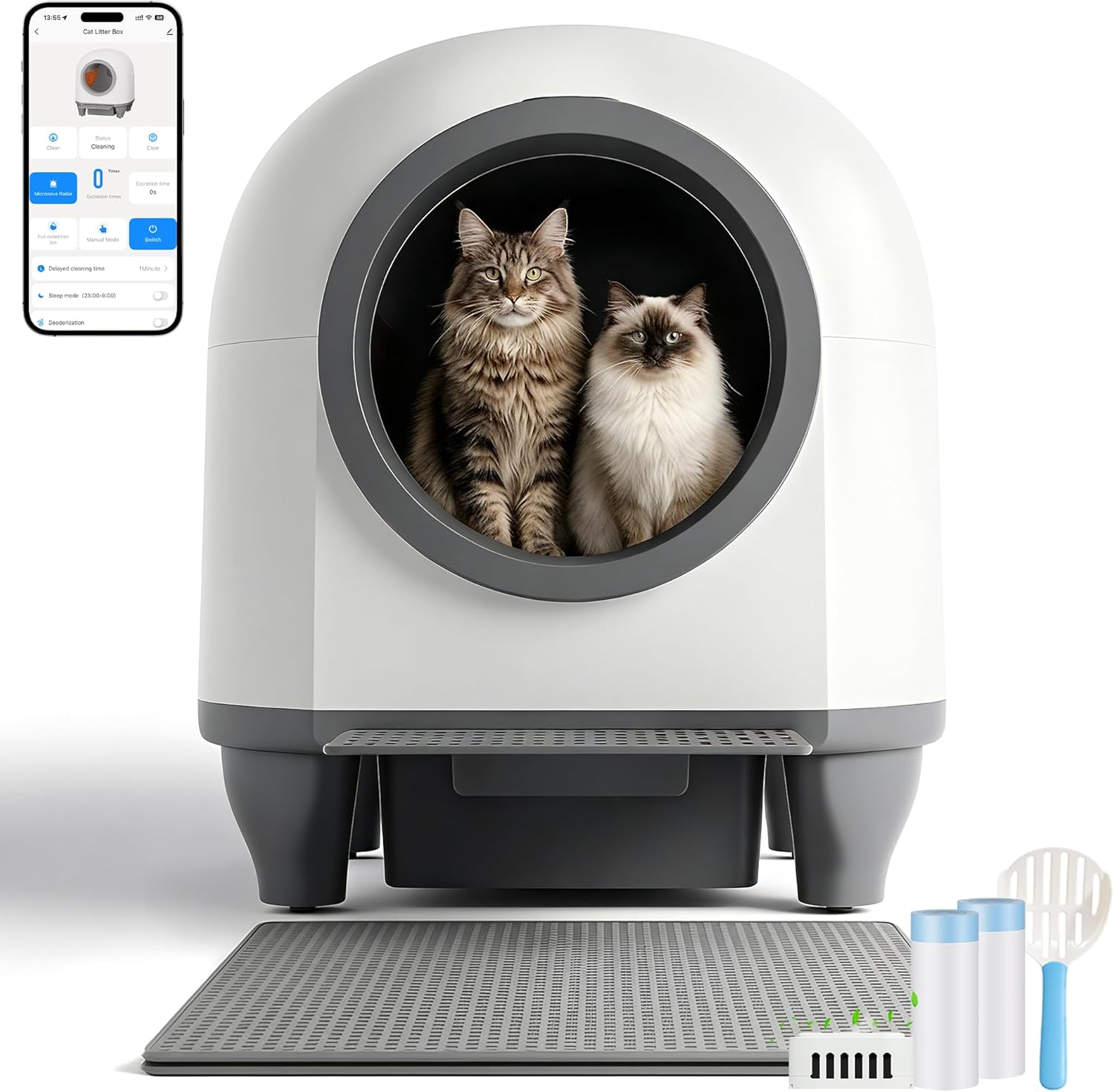 Litière chat autonettoyante grande capacité 90 L contrôle app 6 capteurs adaptée grands chats jusqu’à 10 kg