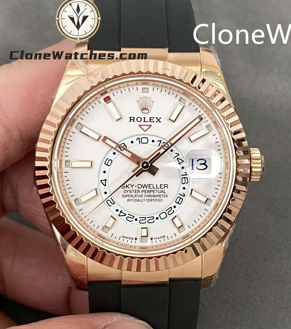 Rolex Super Clone Watch 1:1 Sky Dweller Rose Gold White Dial m336235-0003 42MM Rubber Strap