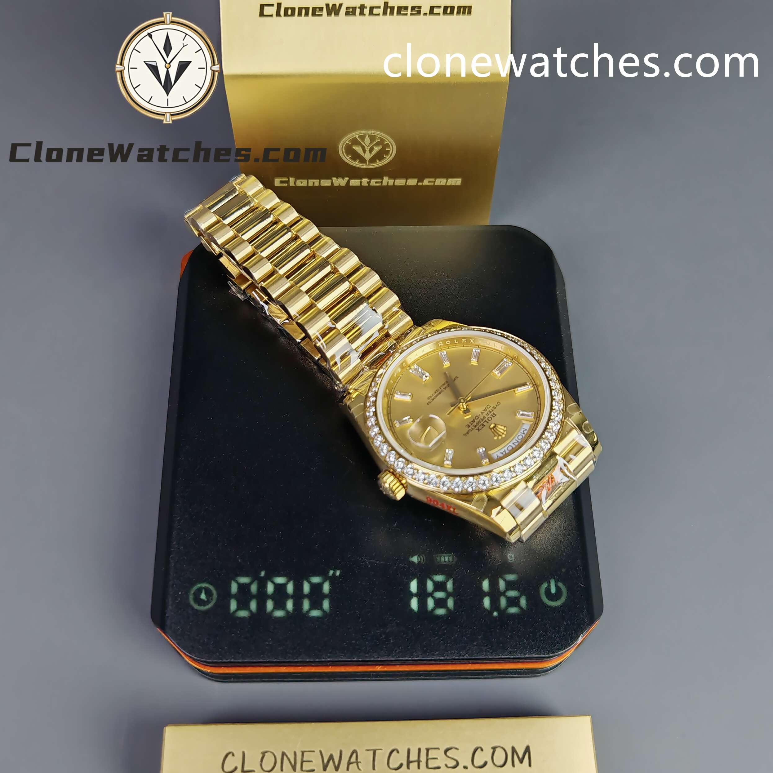 Rolex Super Clone Watches 1:1 Day Date Gold Dial Diamond Bezel M228348rbr-0002 40mm 3255 Movement