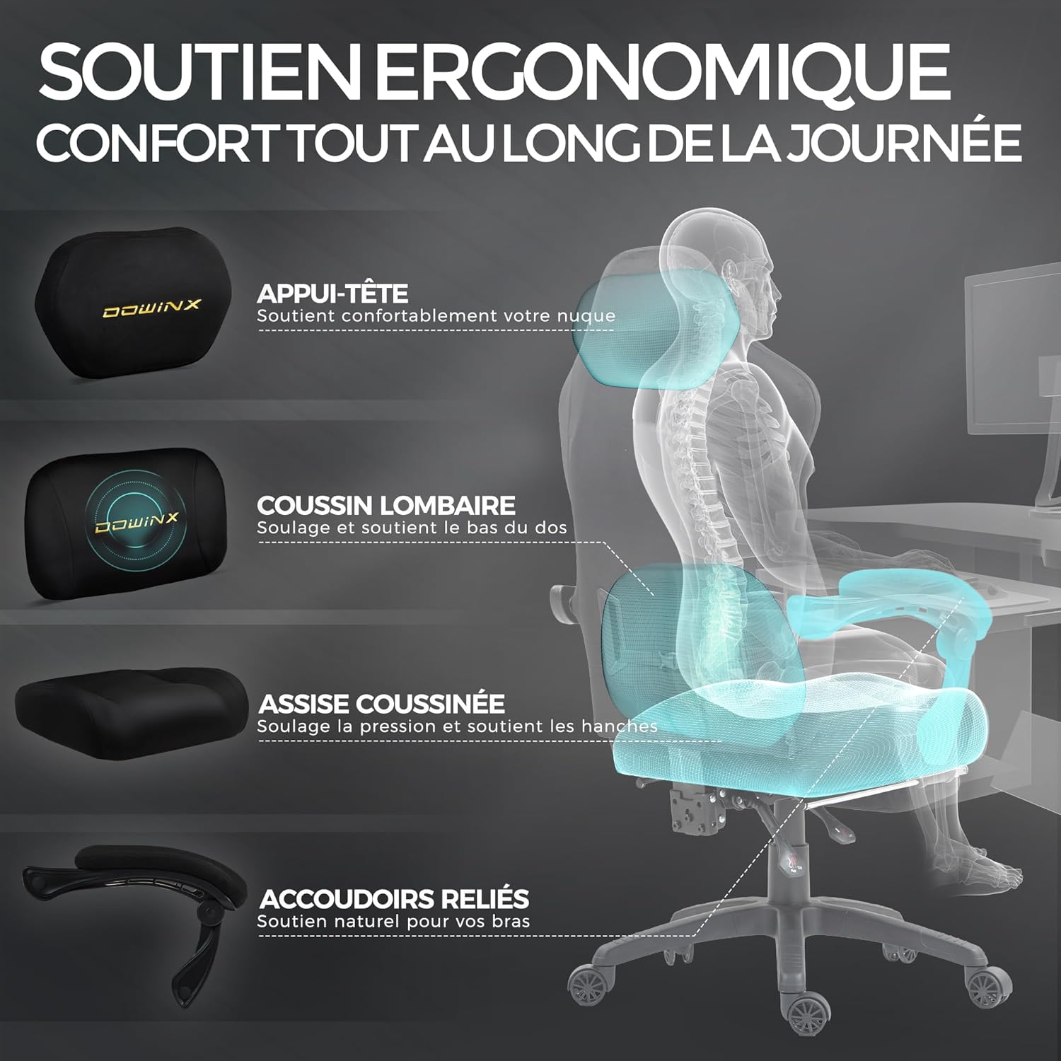 Chaise gaming ergonomique velours coussin lombaire massant repose pieds