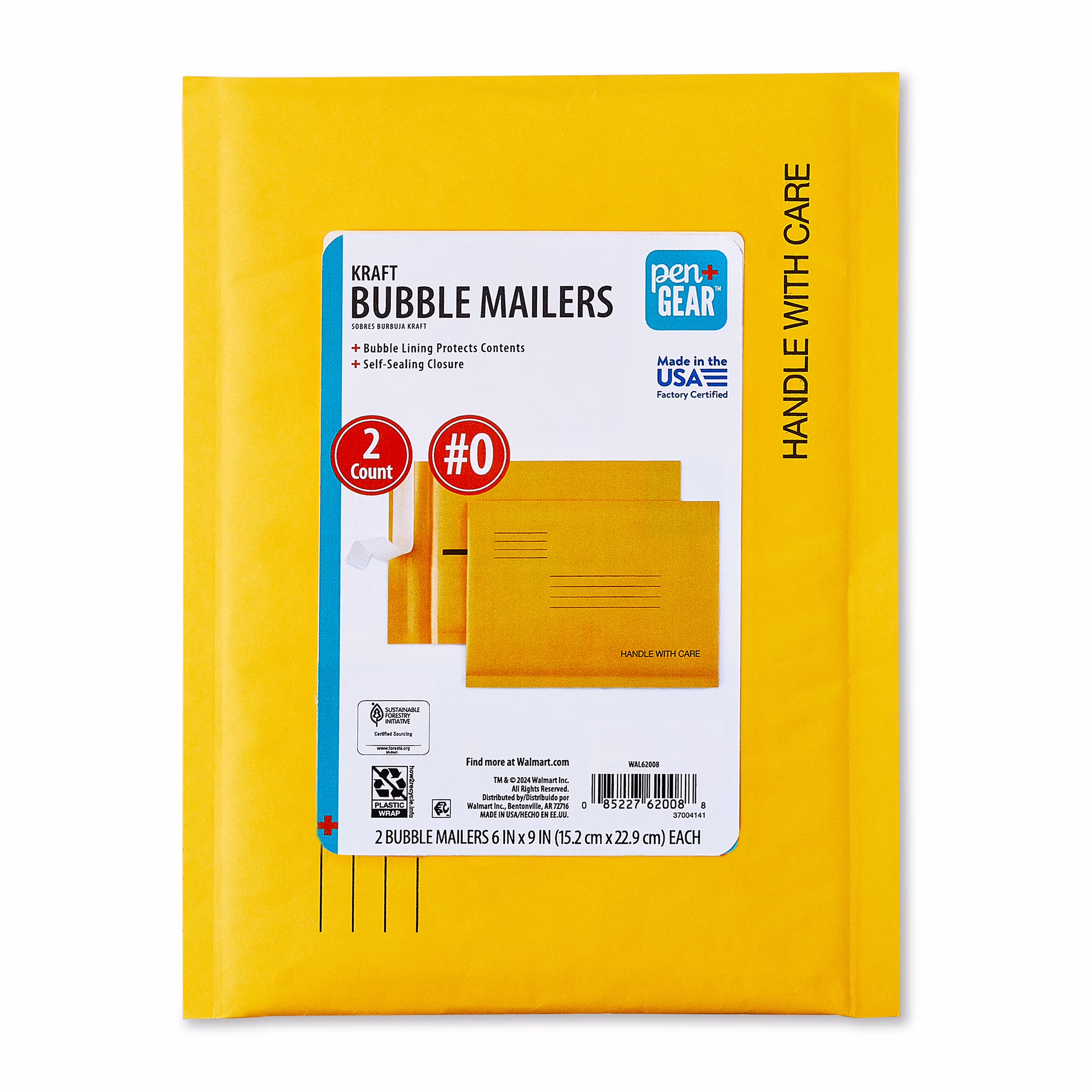Pen+Gear Self-Sealing Kraft Bubble Mailers, #0, 6 in x 9 in, 2 Pack