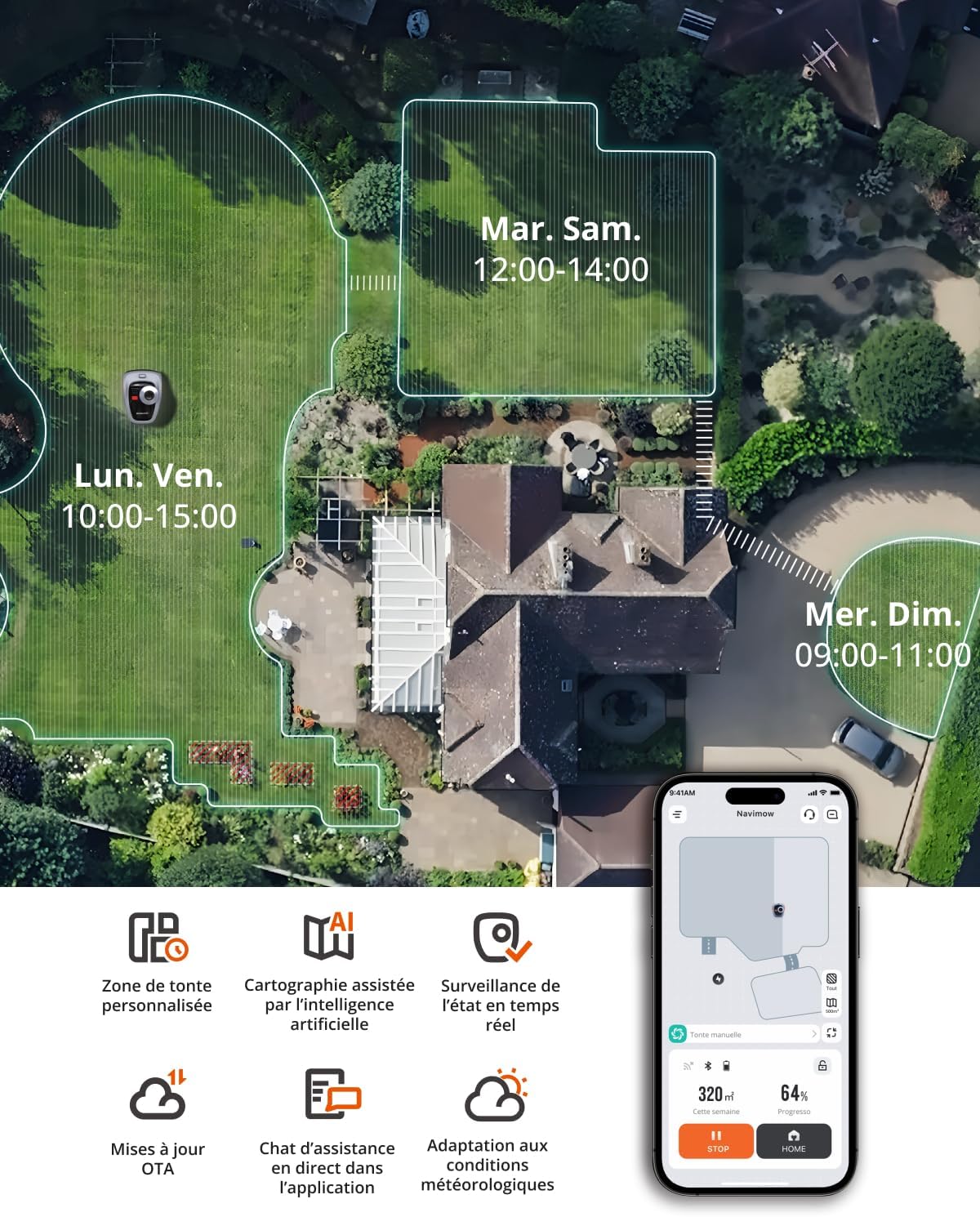 Robot tondeuse Navimow i105E sans fil 500 m² RTK Vision cartographie IA limite virtuelle multizone