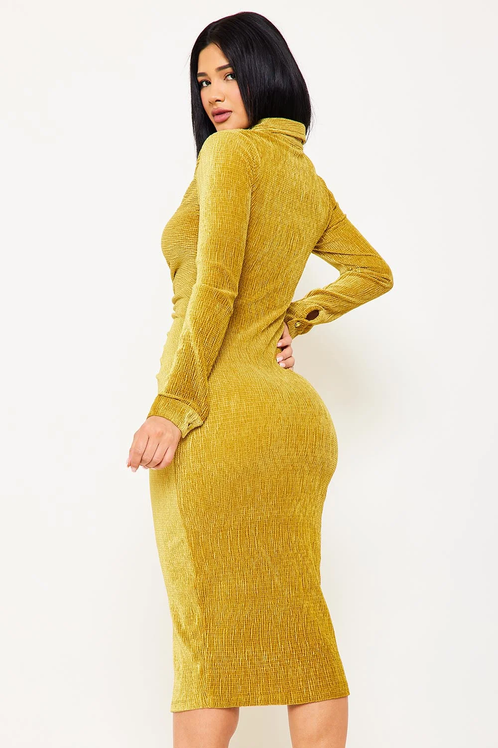 Symphony Dress - Textured Fabric Button Up Front Midi Shirt Dress