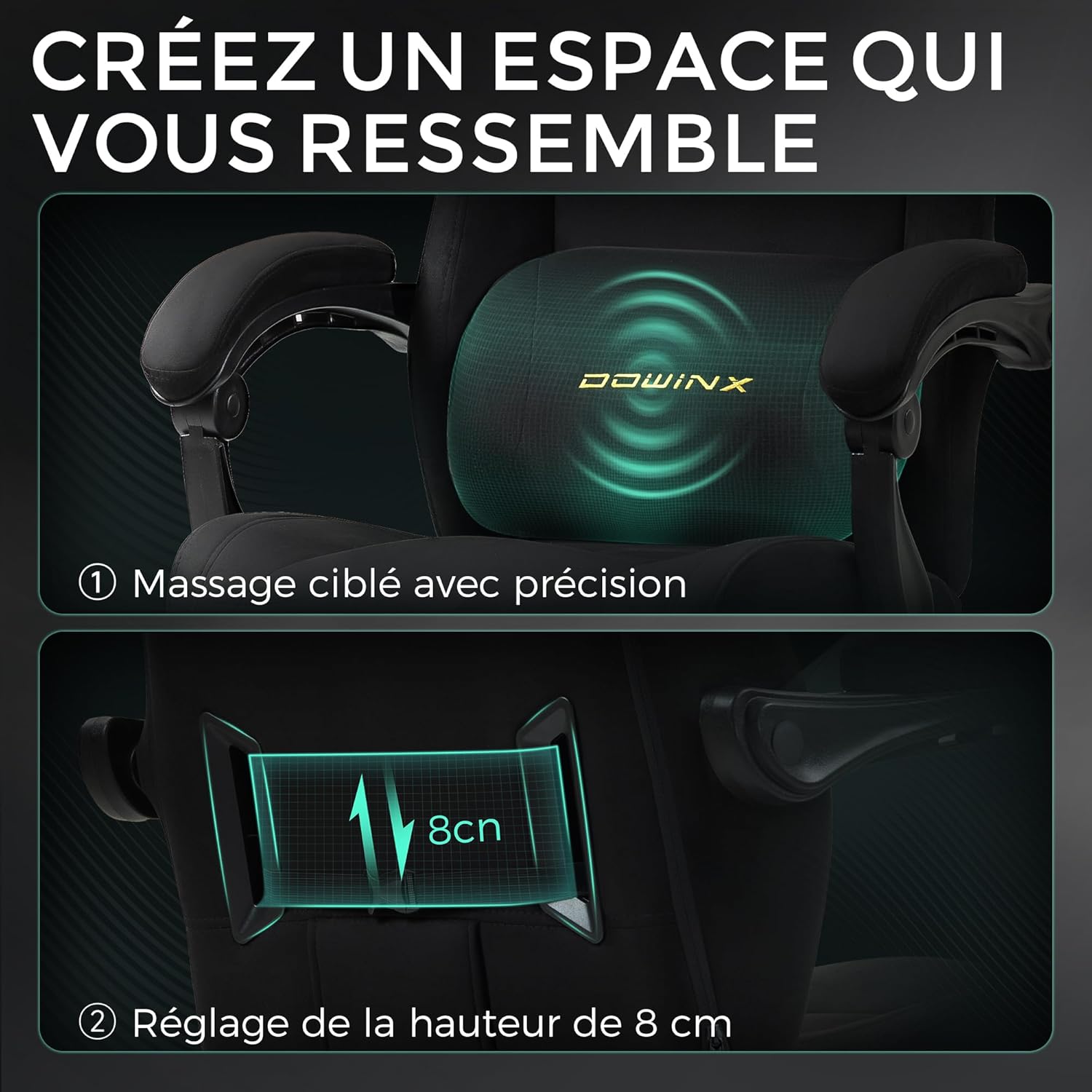 Chaise gaming ergonomique velours coussin lombaire massant repose pieds