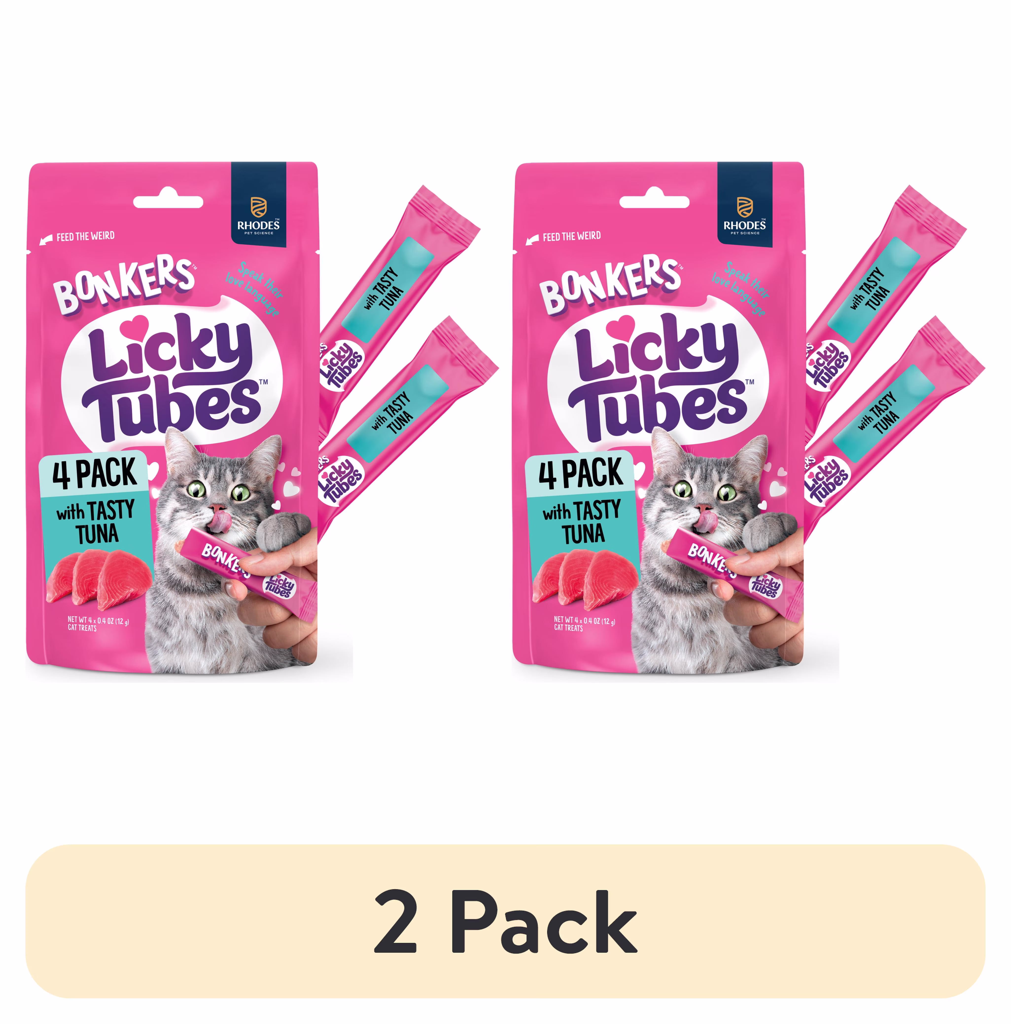 (2 pack) BONKERS Licky Tubes Tuna Flavored Wet Lickable Treats for Cats, 4 Pack