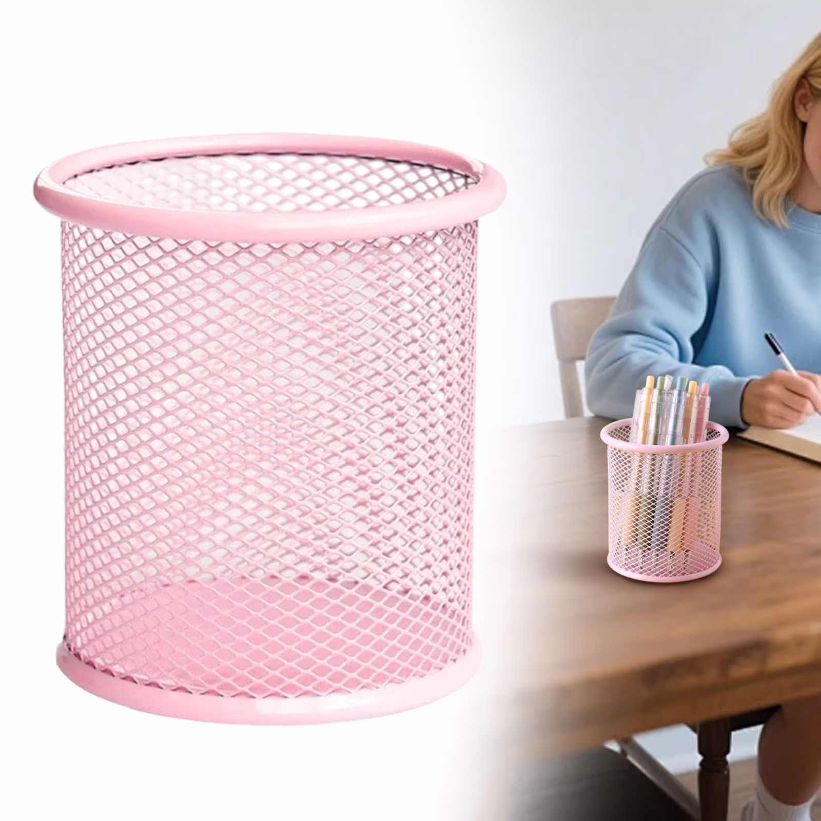 Blecry Metal Mesh Pen Cup for Desk, Round Mesh Pencil Holder for Office and Schol, 9.5cm Tall Stationery Organizer, Colorful Caddy for Pens, Markers, and Scissors (Pink)