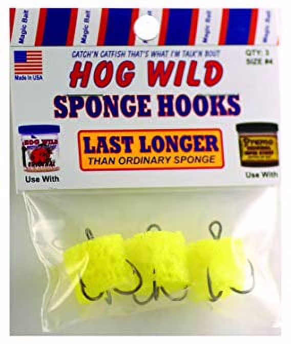 (4 pack) Magic Bait, Sponge Catfish Dip Bait Holder Fishing Hooks, Yellow, 3ct