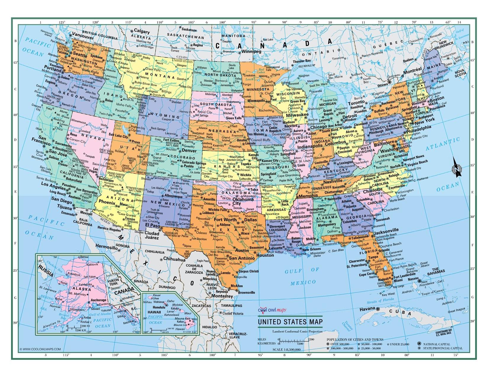 CoolOwlMaps Untited States Wall Map Political USA Color Poster 32"x24" - Large Type Rolled Paper 2017