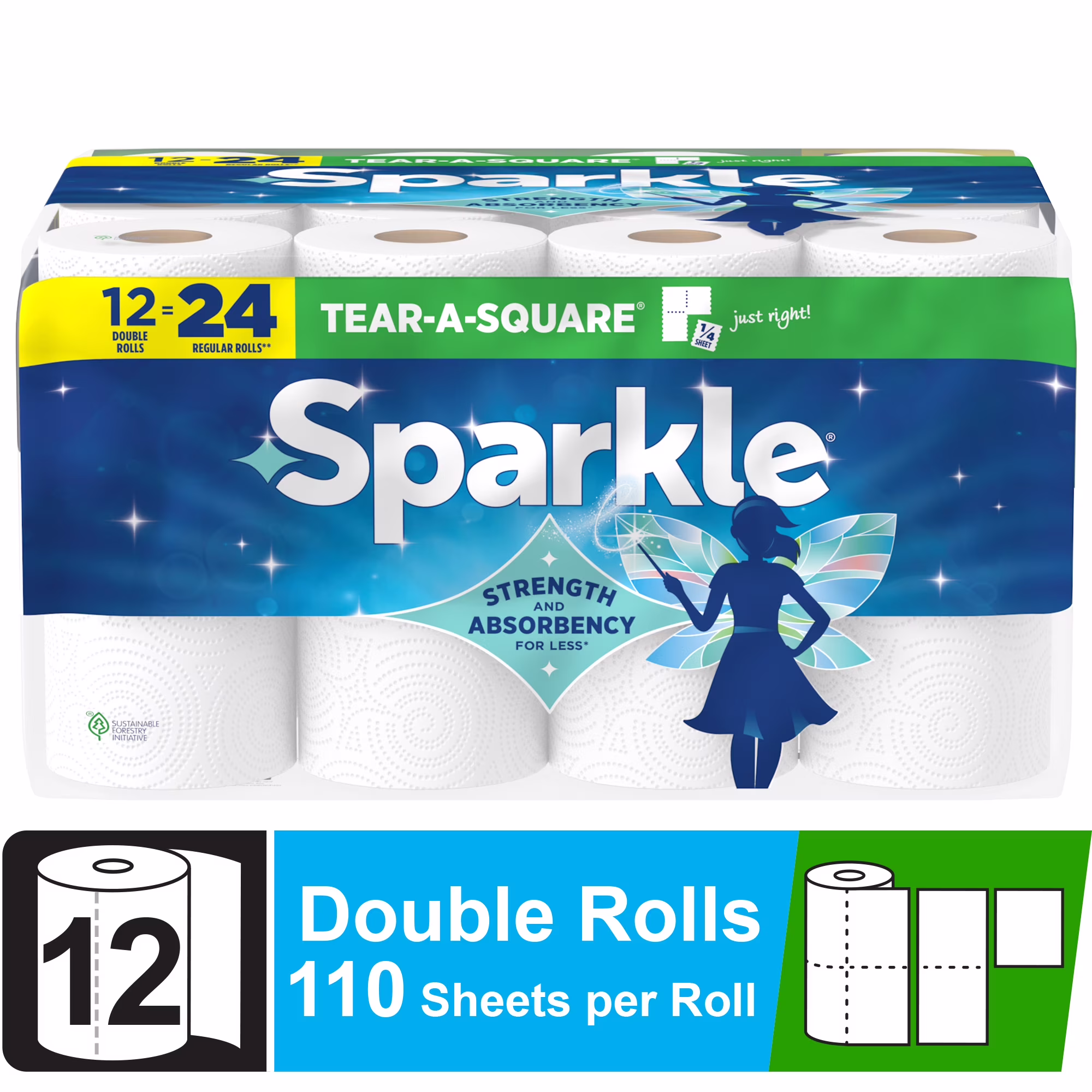 Sparkle Tear-A-Square Paper Towels, 2 Double Rolls, 110 Sheets per Roll