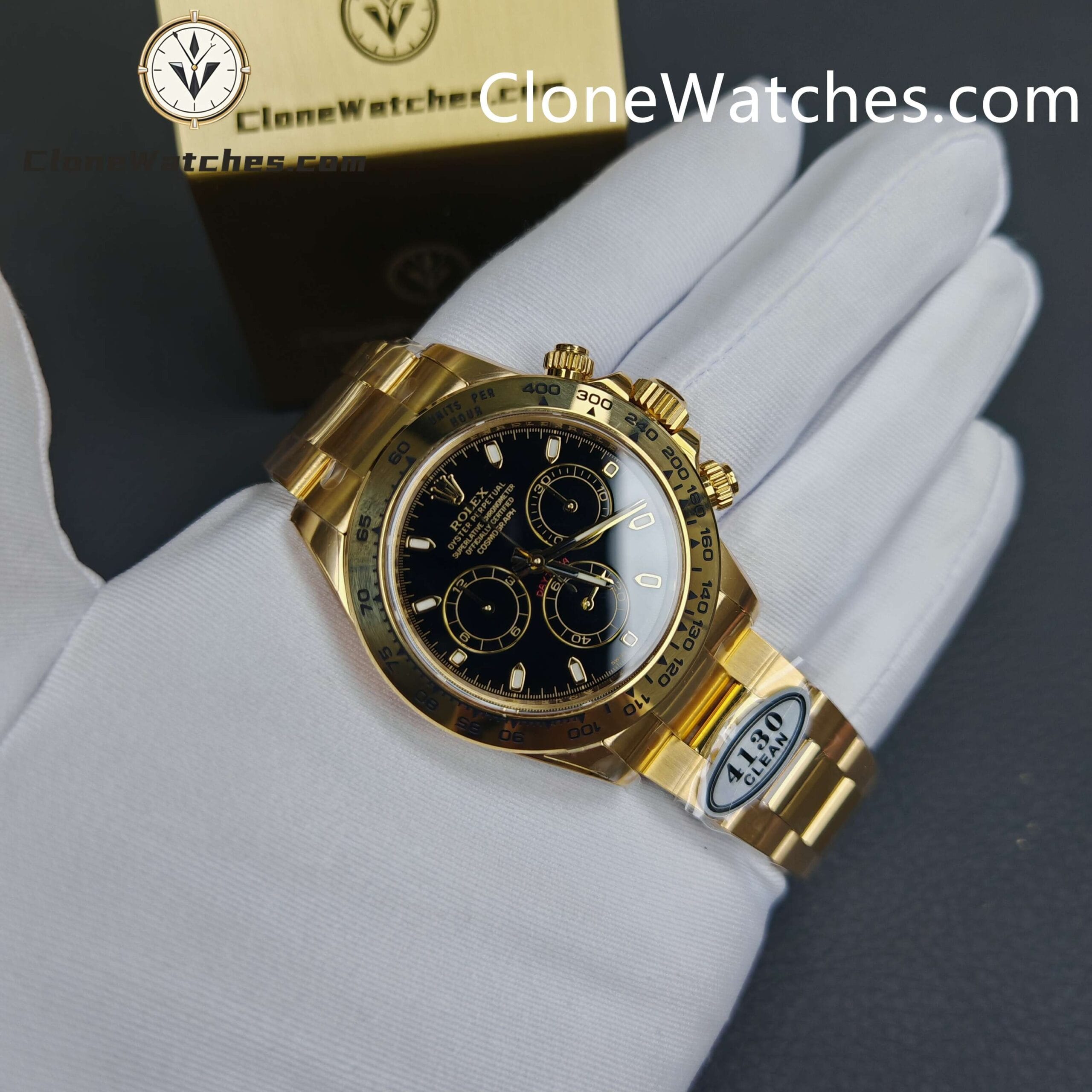 Rolex Super Clone Watches 1:1 Daytona 18K Gold Black Dial M116508-0004 4130 Movement