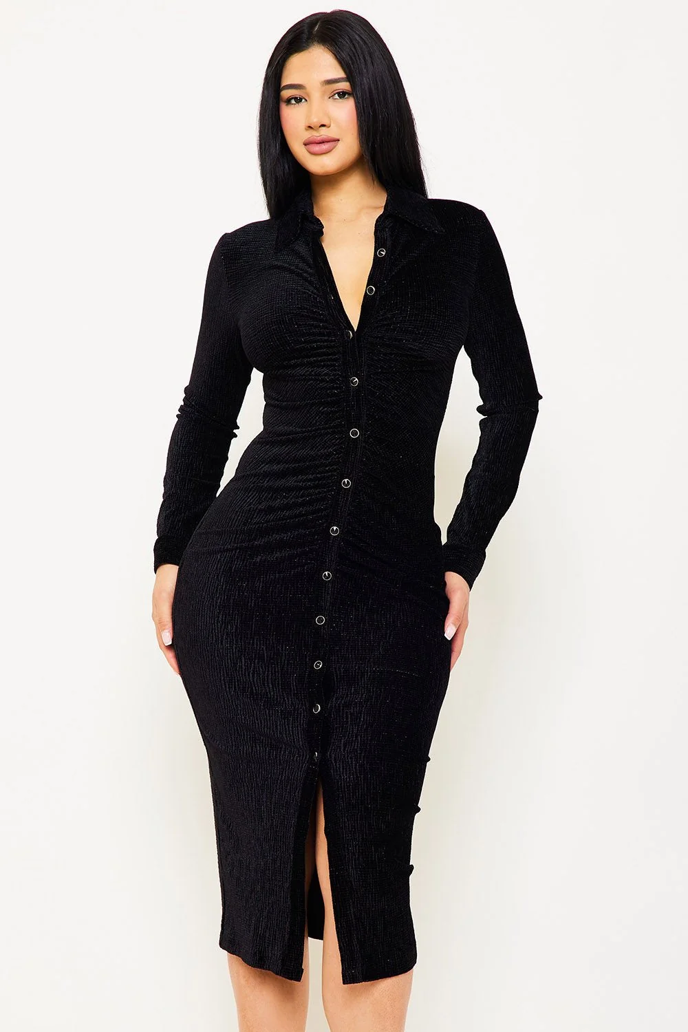Symphony Dress - Textured Fabric Button Up Front Midi Shirt Dress