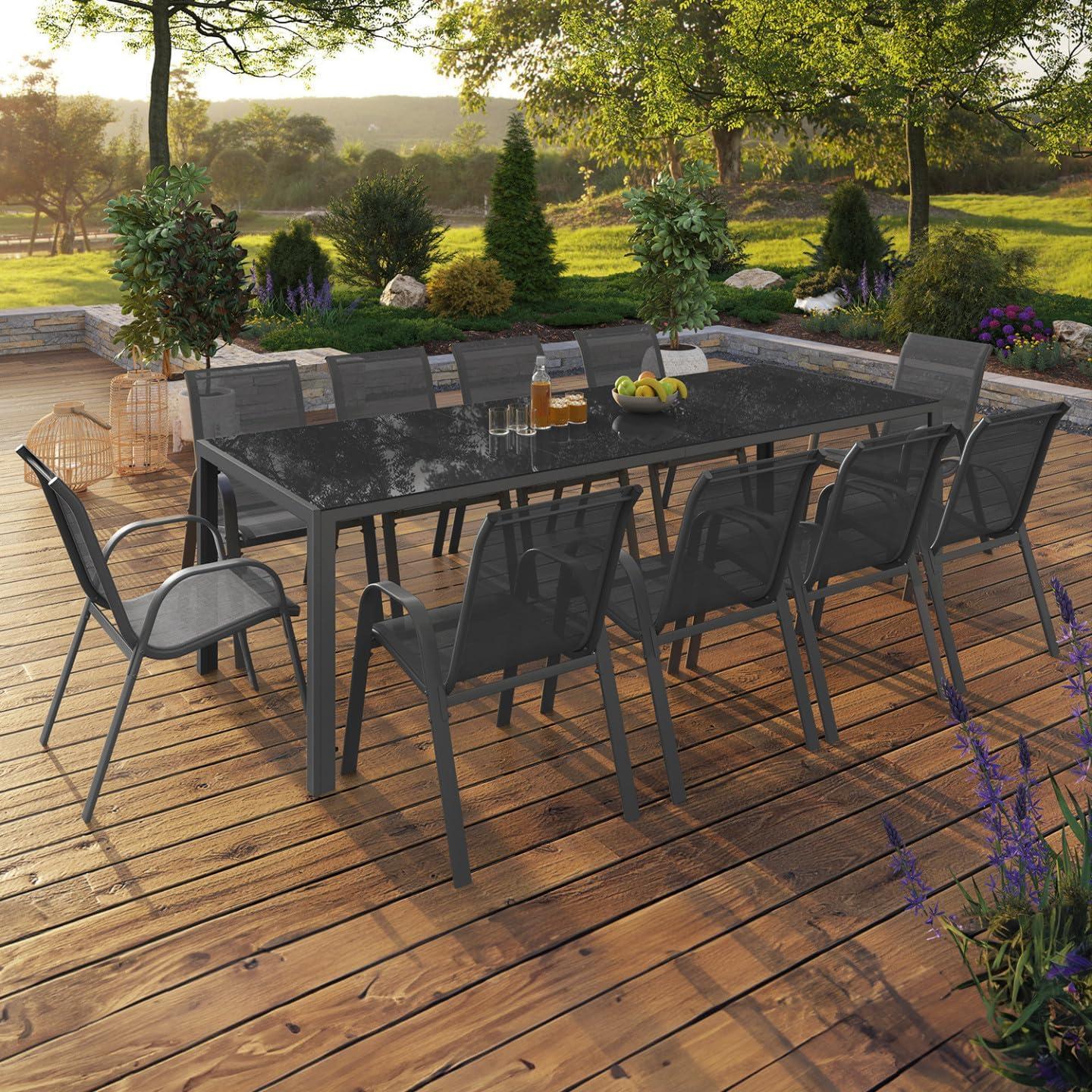 Salon jardin Madrid table 240 cm 10 chaises empilables gris anthracite