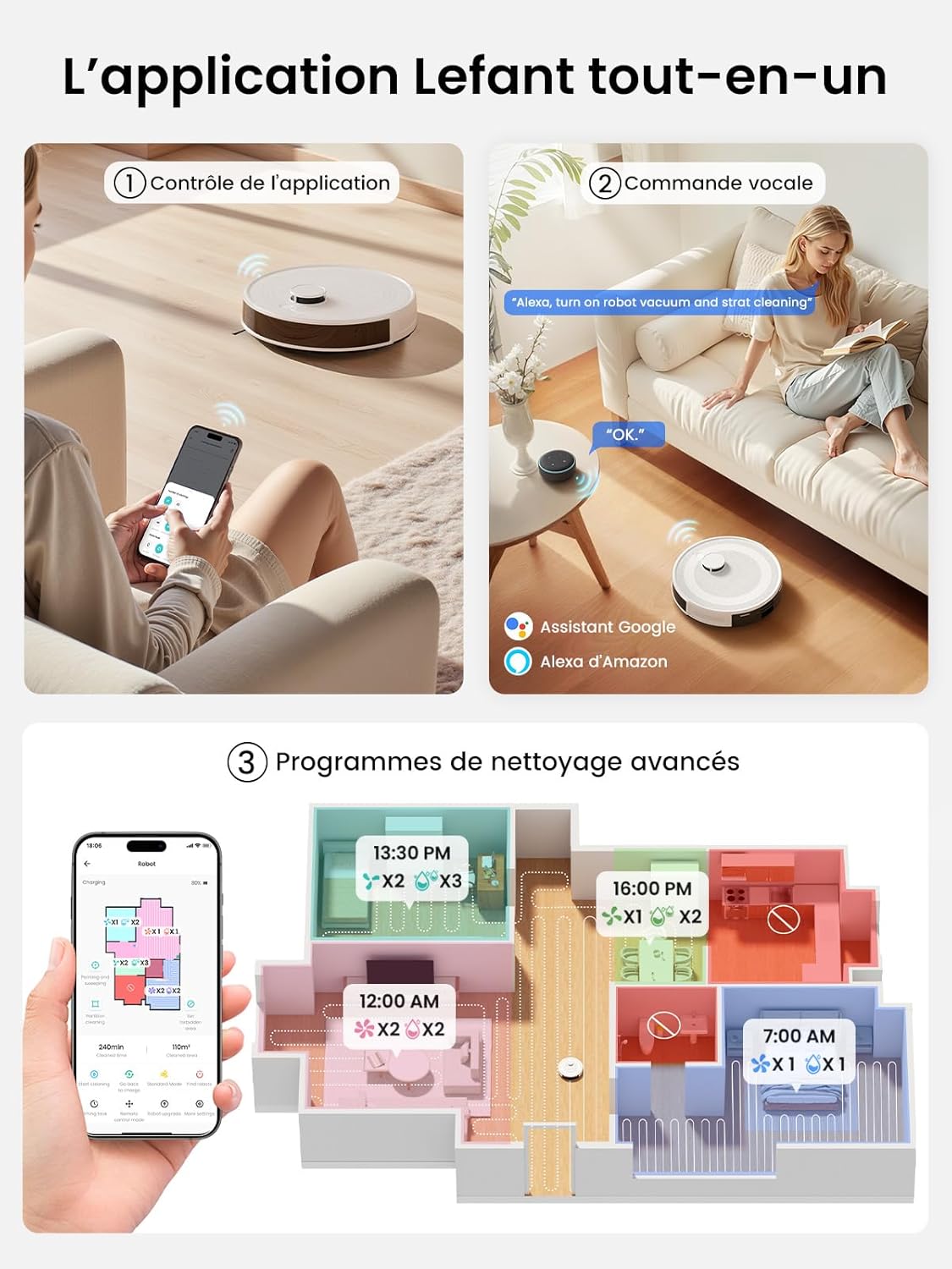 Aspirateur robot laveur M2 Plus station vidange automatique navigation laser 6000Pa évitement obstacles app