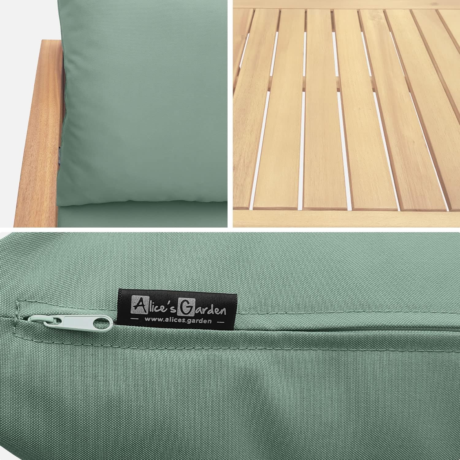 Salon jardin bois 4 places canapé fauteuils table basse acacia coussins vert de gris