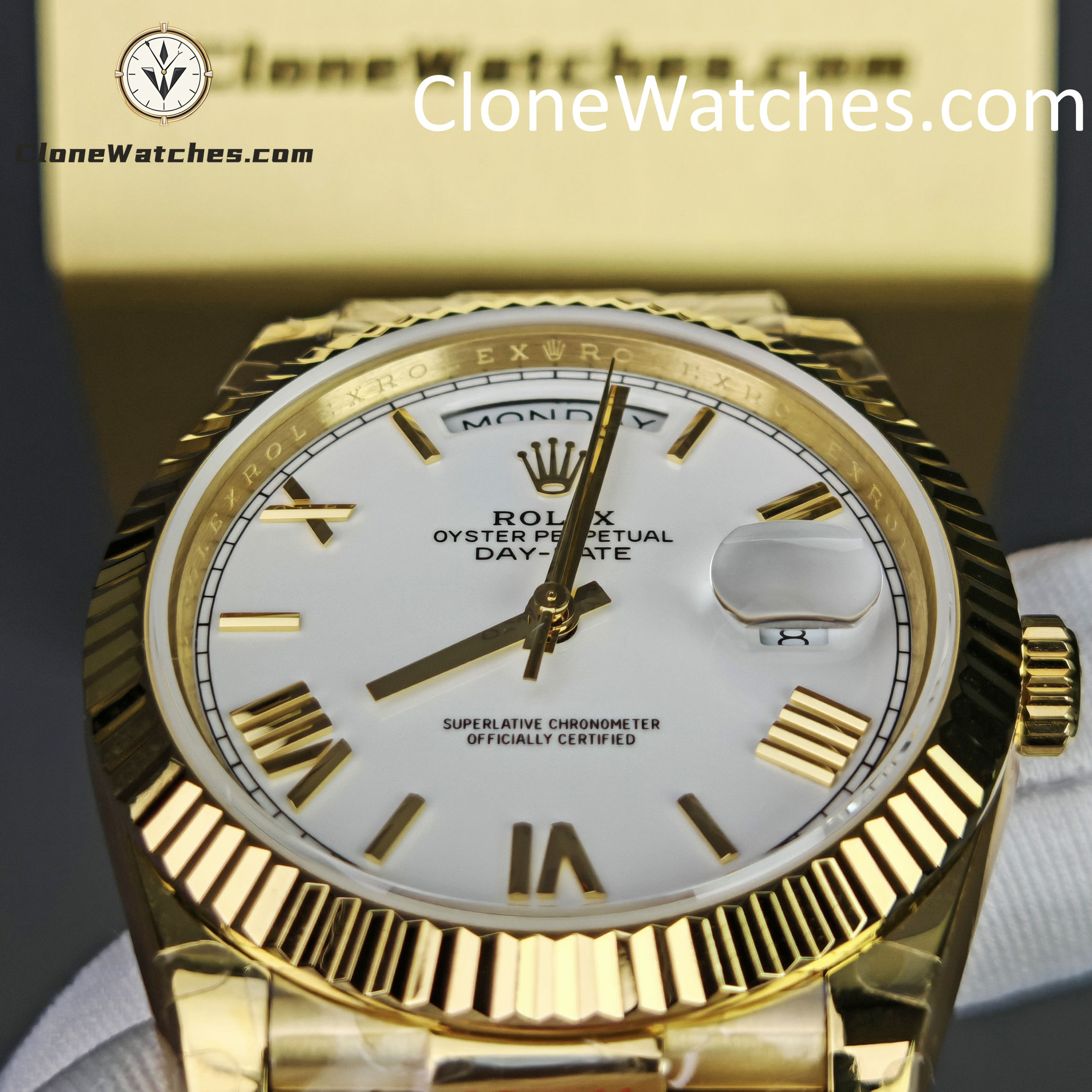 Rolex Super Clone Watches 1:1 Day Date 18K Gold White Dial 40mm m228238-0042 3255 Movement