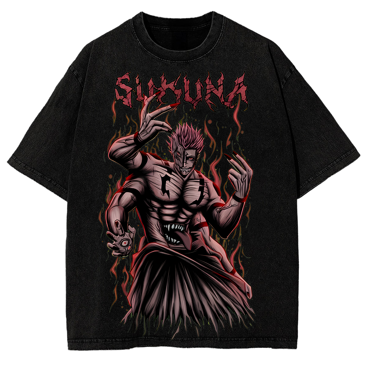 Vintage Oversized Graphic Tee Sukuna Jujutsu Kaisen Anime Washed Streetwear Retro Shirt