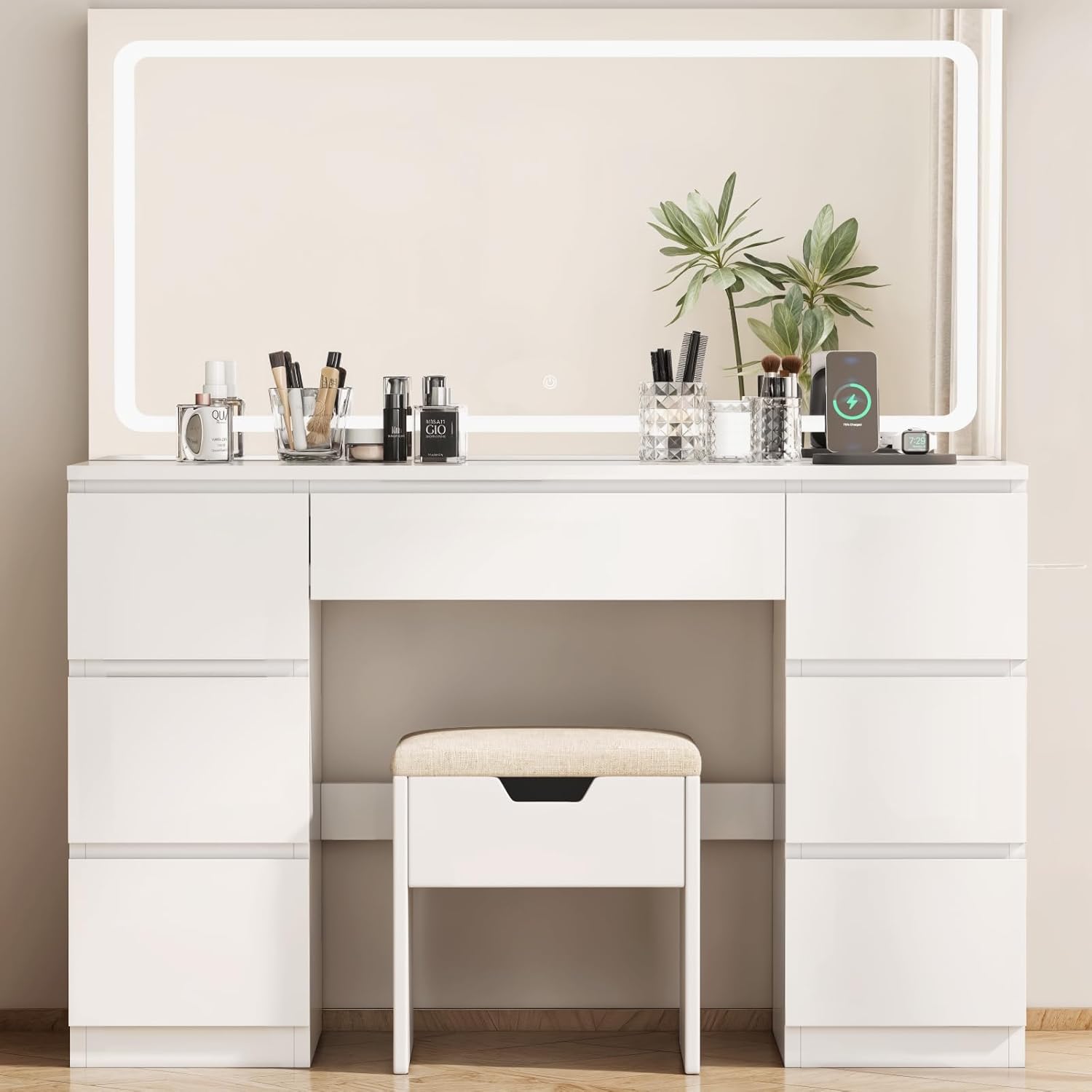 Coiffeuse miroir LED 115 x 60 cm tabouret inclus 7 tiroirs station recharge éclairage réglable blanc