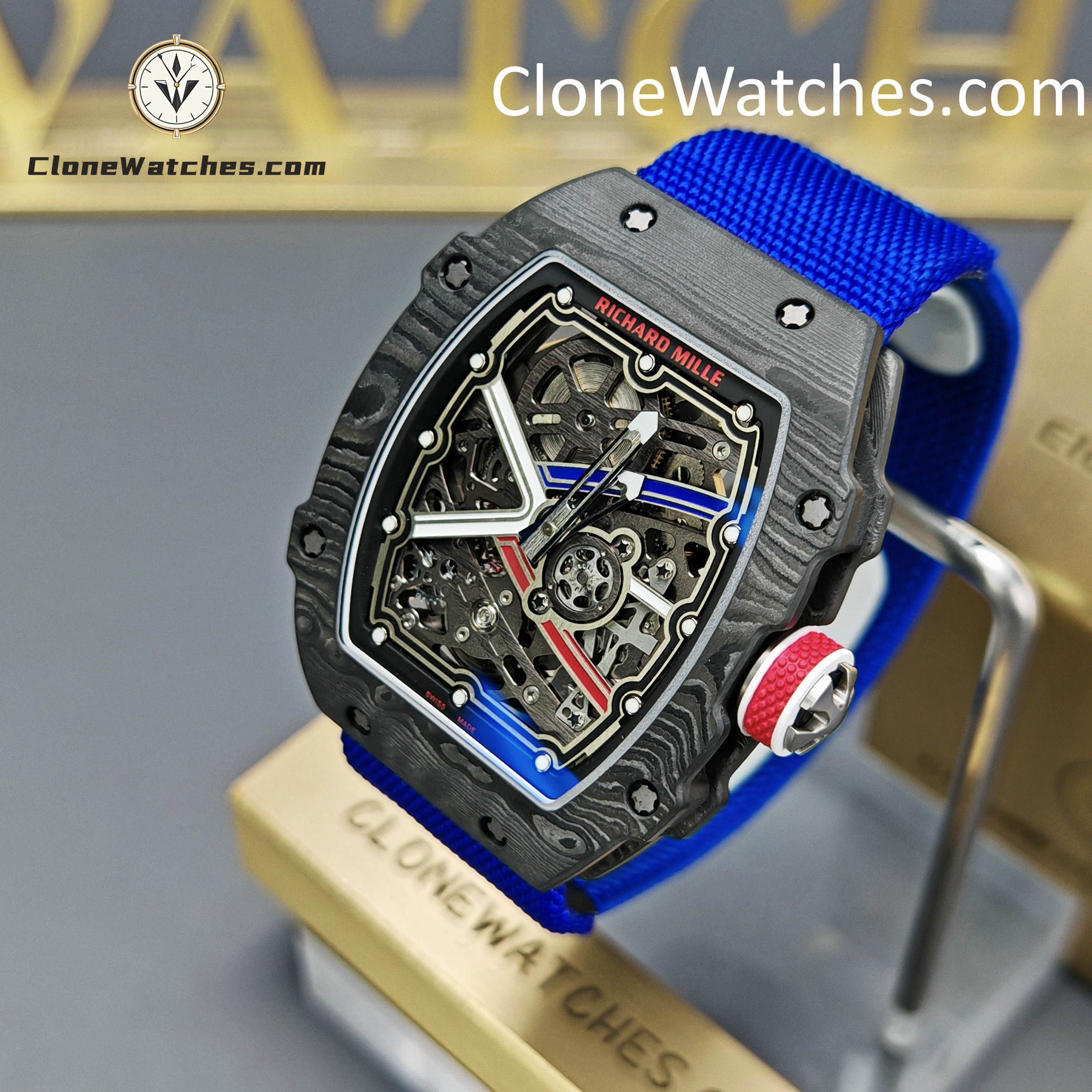 Richard Mille Super Clone Watches 1:1 RM 67 – 02 Carbon Tourbillon Blue Strap