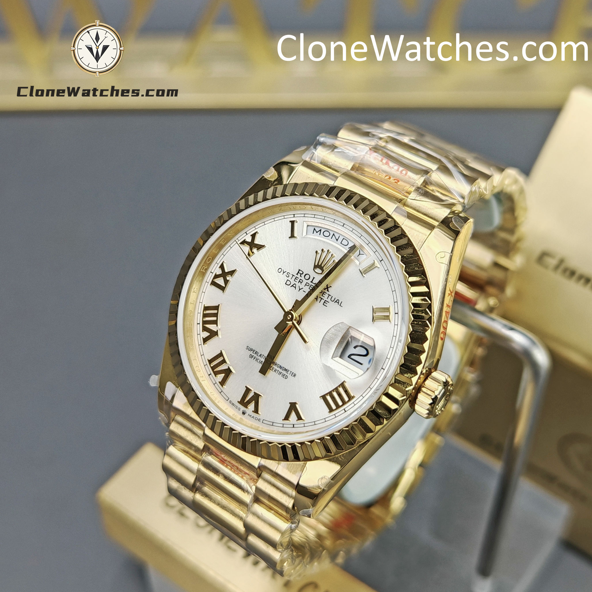 Rolex Super Clone Watches 1:1 Day Date 18K Gold White Dial 36mm m128238-0076 3255 Movement