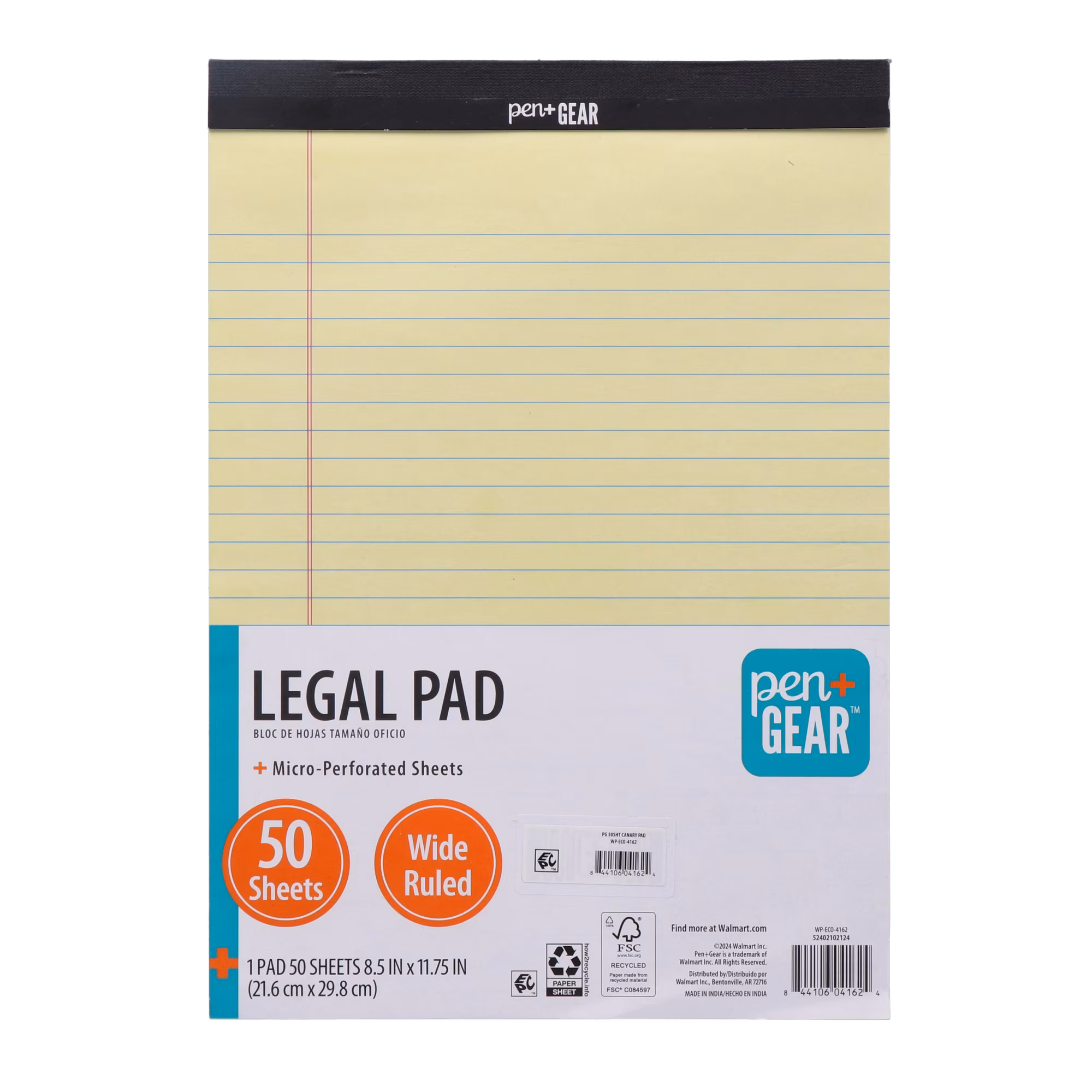 Pen + Gear Legal Pads, Canary Color Paper, 50 Sheets, Wide Ruled, 1 Count