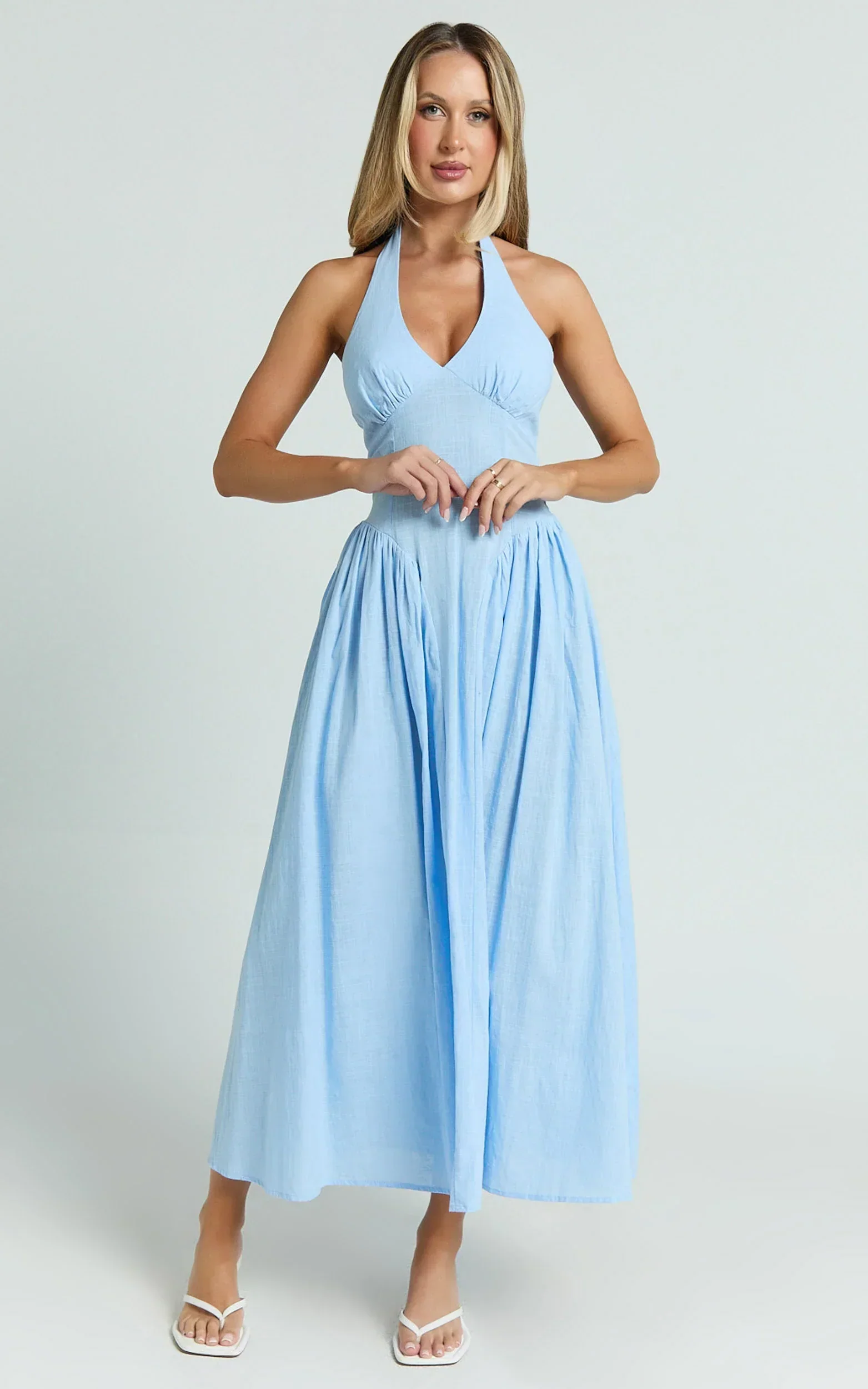 Athena Midi Dress - Halter Drop Waist Dress in Blue