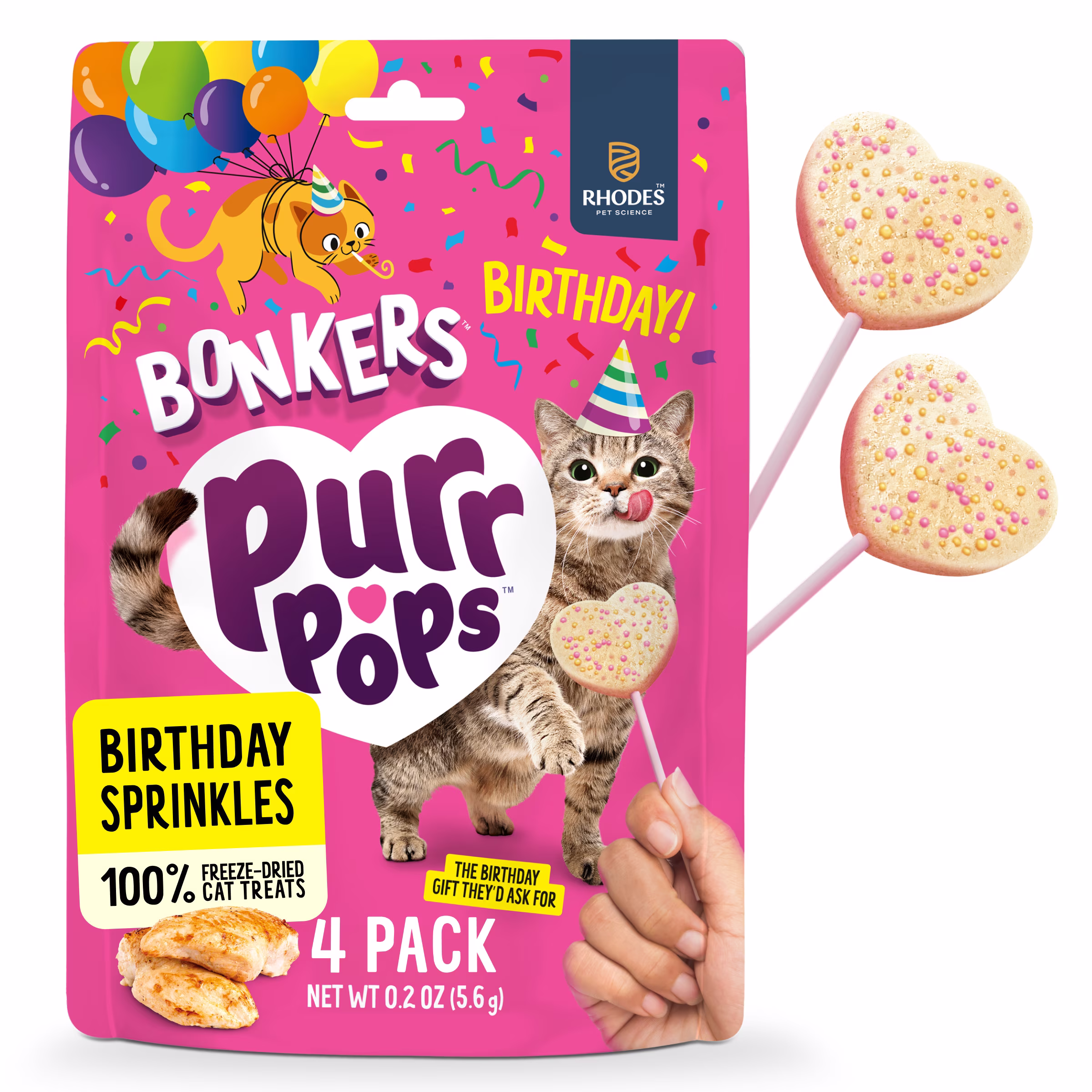 BONKERS Purrpops Birthday Edition Freeze-Dried Chicken Flavored Lollipop Treats for Cats, 4 pack