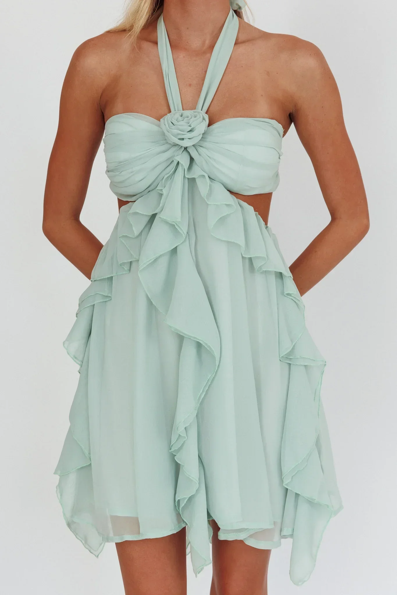 Santiago Cut-Out Ruffle Mini Dress Sage