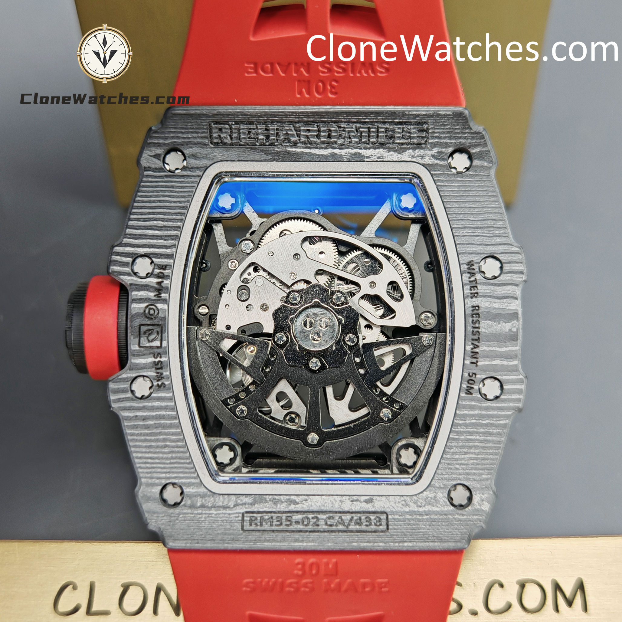 Richard Mille Super Clone Watches 1:1 RM 035 – 02 NTPT Carbon Fiber Red Rubber Strap