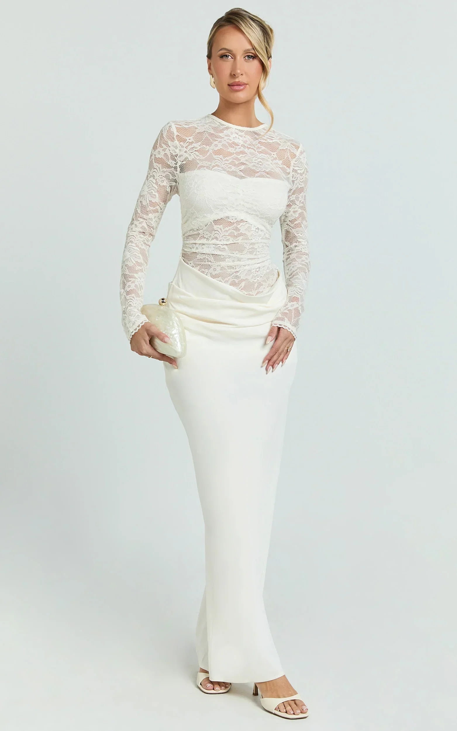 Crisanta Maxi Dress - Long Sleeve Contrast Lace Bodycon Dress in Ivory