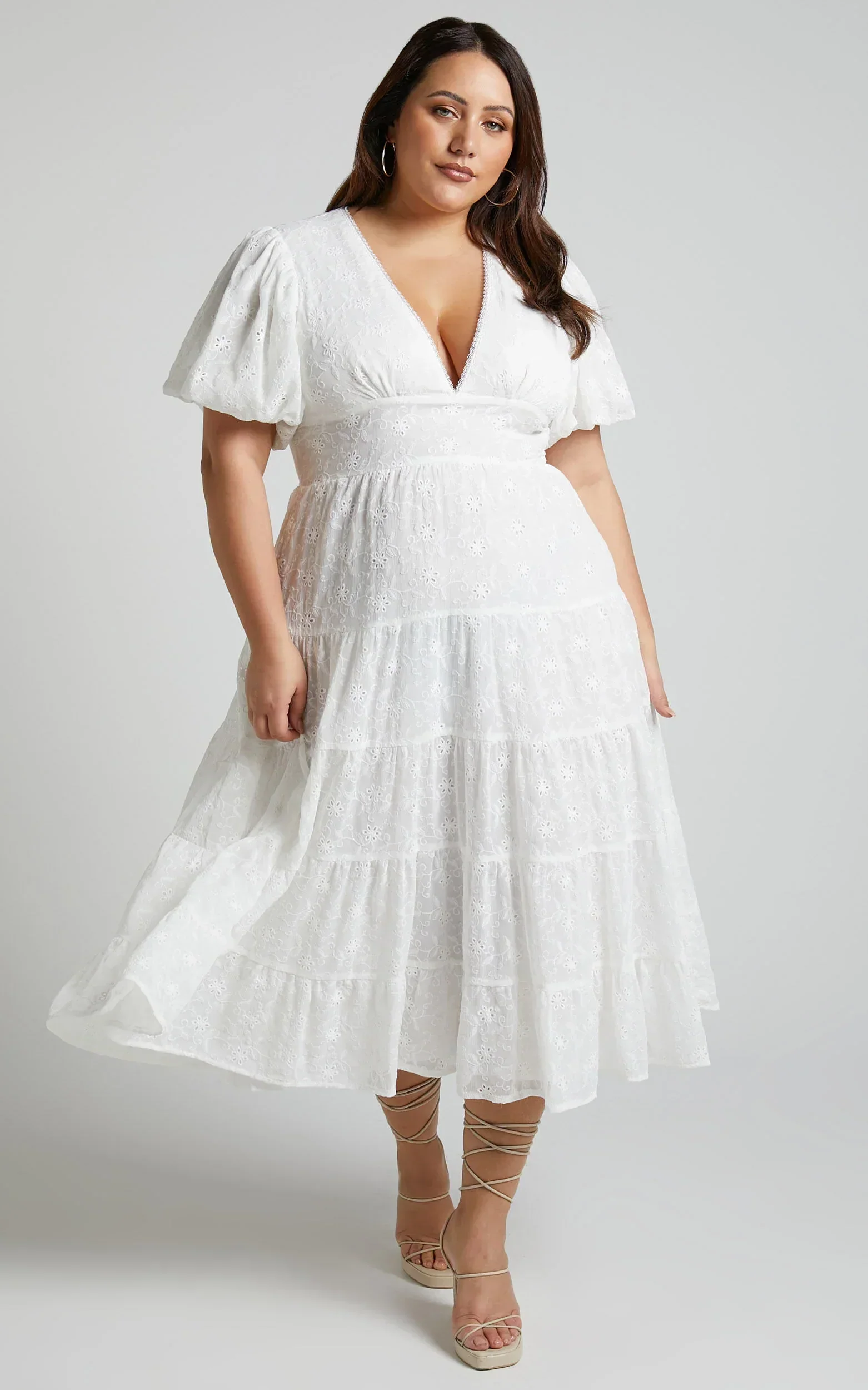 Divora Midi Dress - Plunge Balloon Sleeve Tiered Dress in Ivory