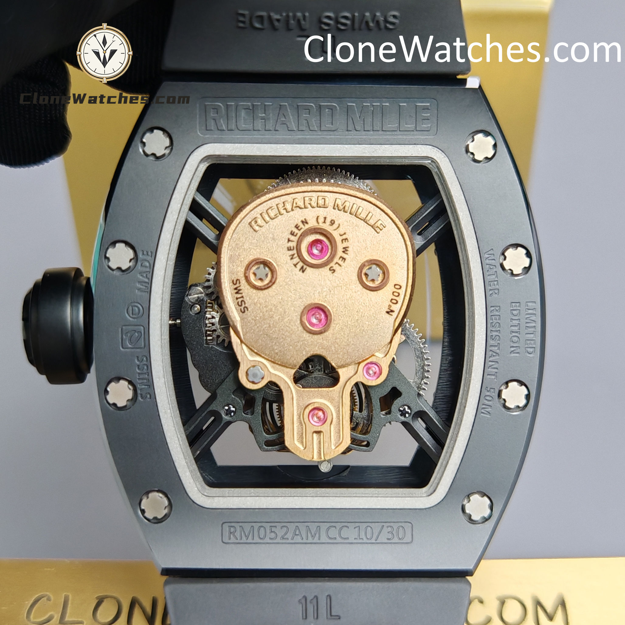 Richard Mille Super Clone Watches 1:1 RM 052 Tourbillon Skull Rose Gold Black Strap
