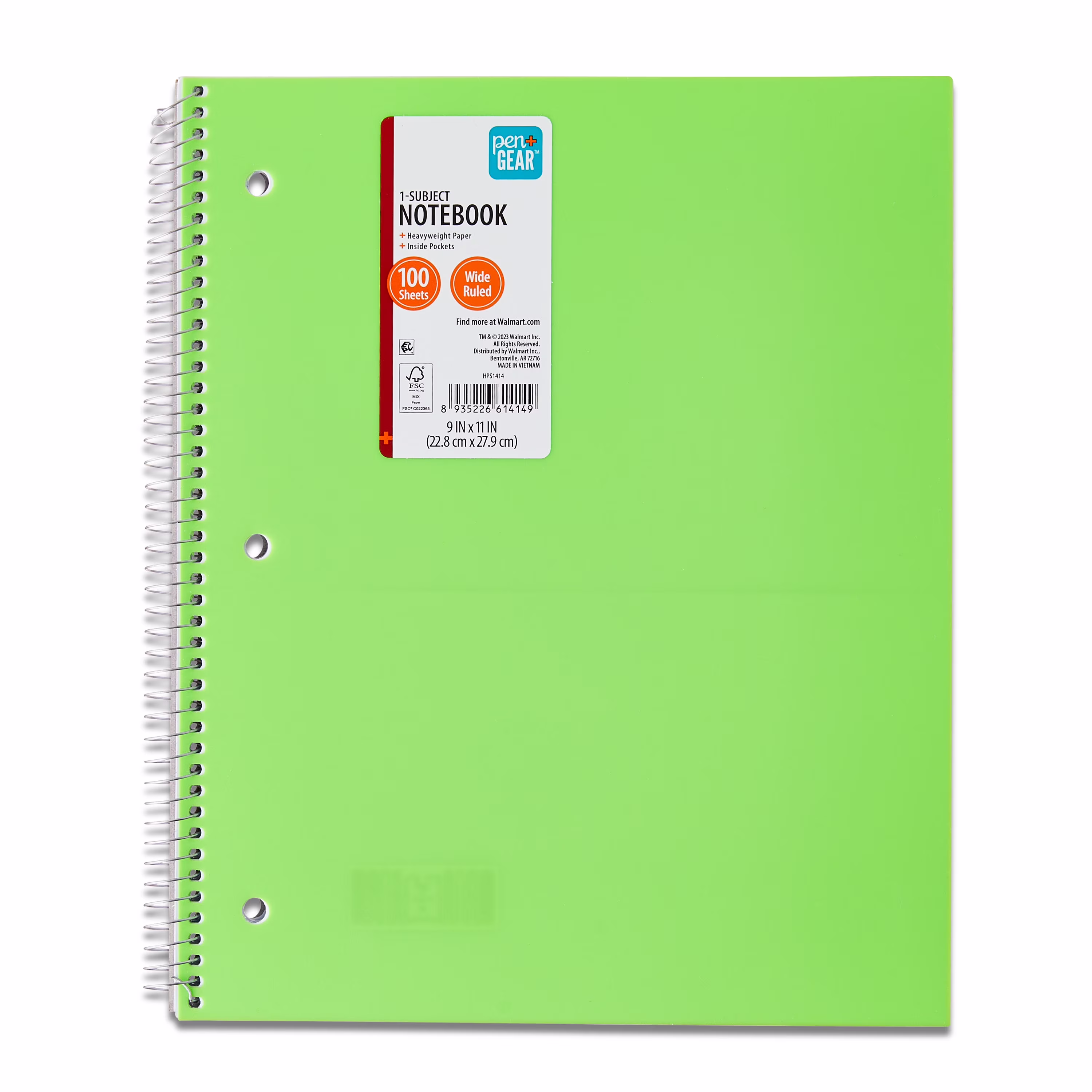 Pen+Gear Poly 1-Subject Spiral Notebook, Wide Ruled, 9 in x 11 in, 100 Sheets, Green