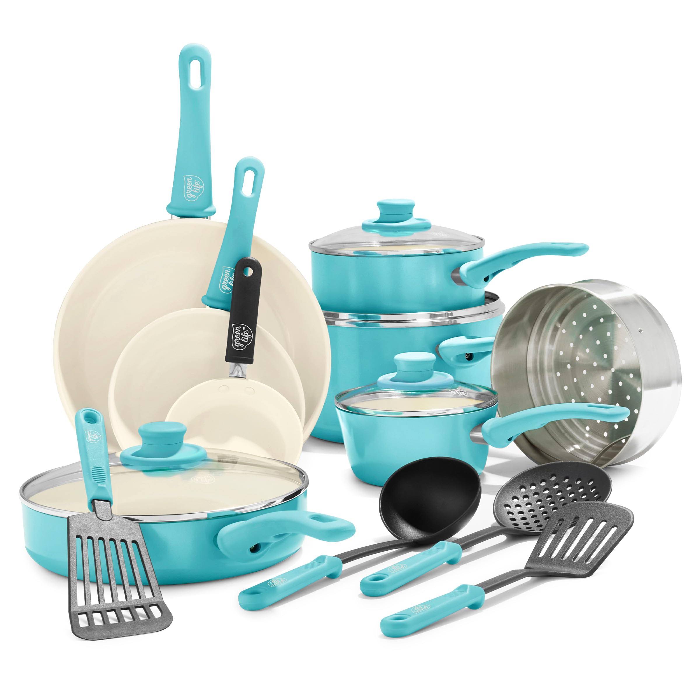 GreenLife Soft Grip Healthy Ceramic Nonstick, 16 Piece Cookware Pots and Pans Set, PFAS-Free, Dishwasher Safe, Caribbean Blue