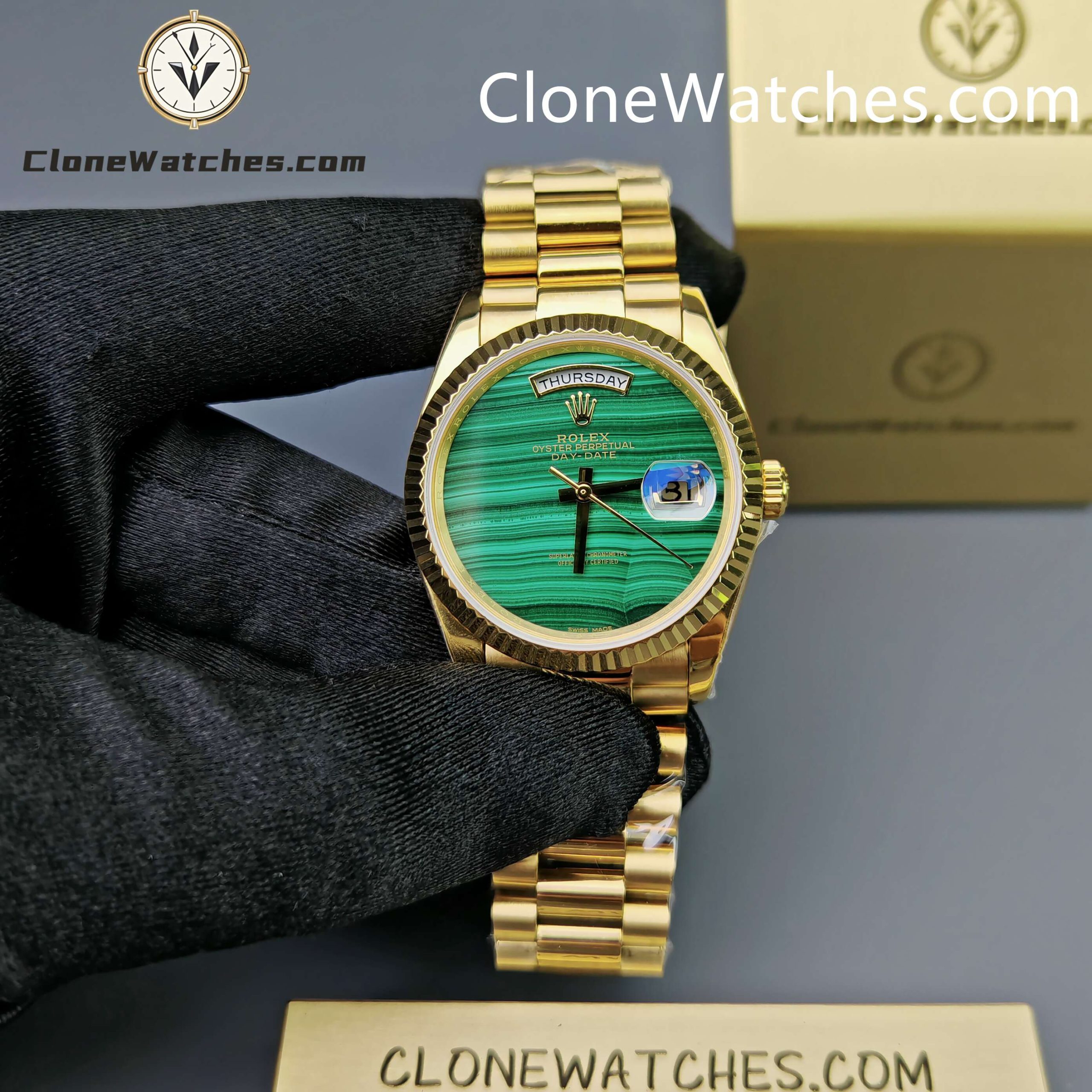 Rolex Super Clone Watches 1:1 Day Date Gold Malachite Dial 36mm 128238