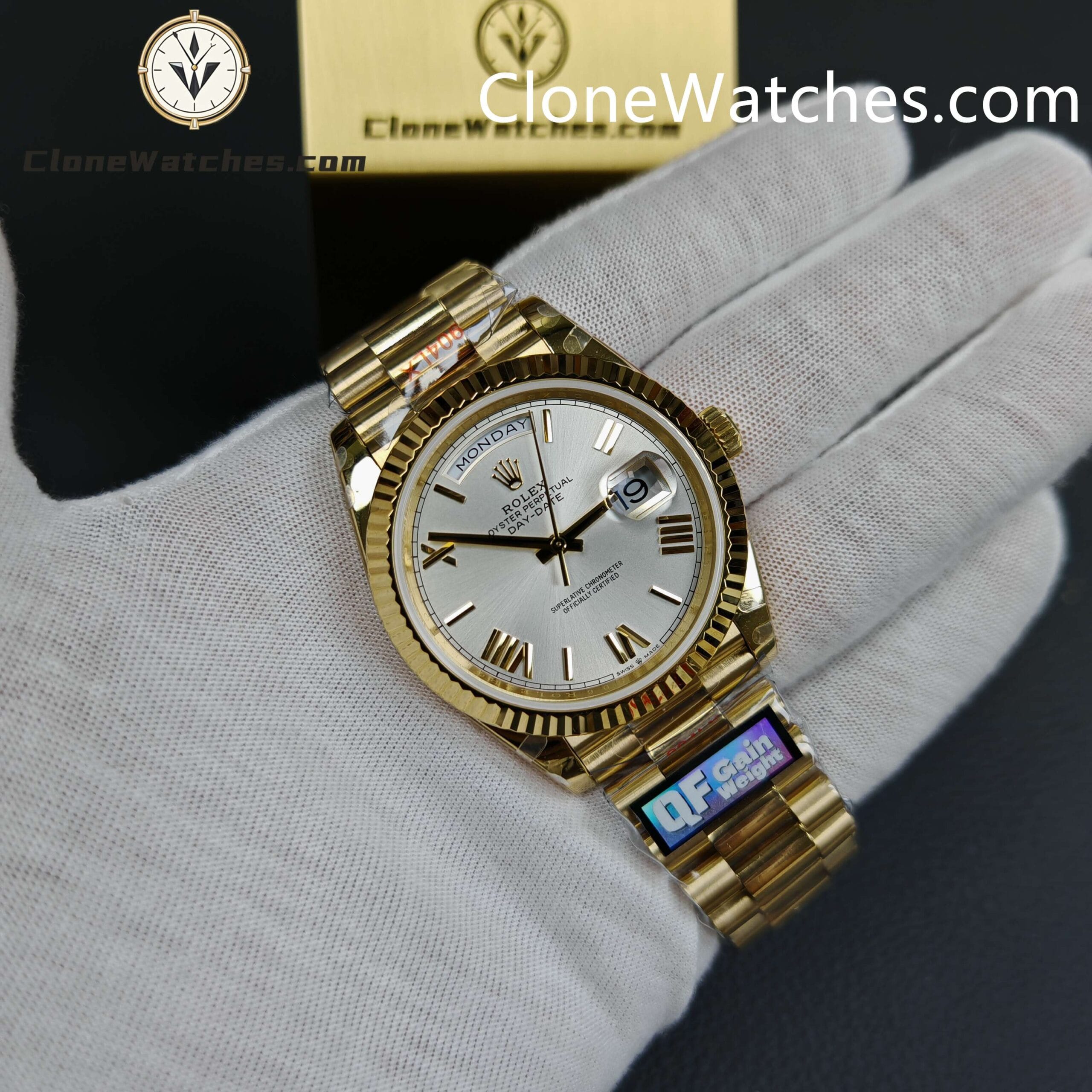 Rolex Super Clone Watches 1:1 Day Date 18K Gold Silver Dial 40mm m228238-0002 3255 Movement