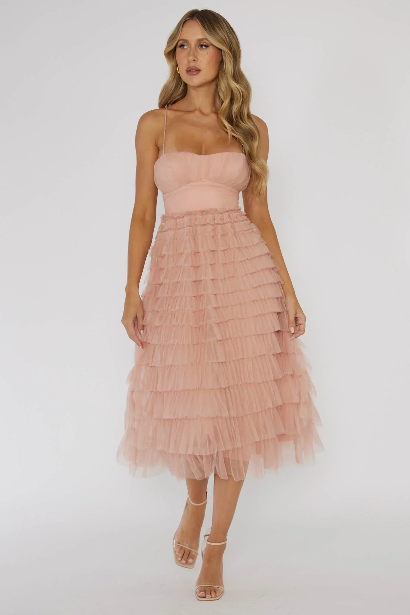 Garden Party Tiered Frill Midi Dress Blush