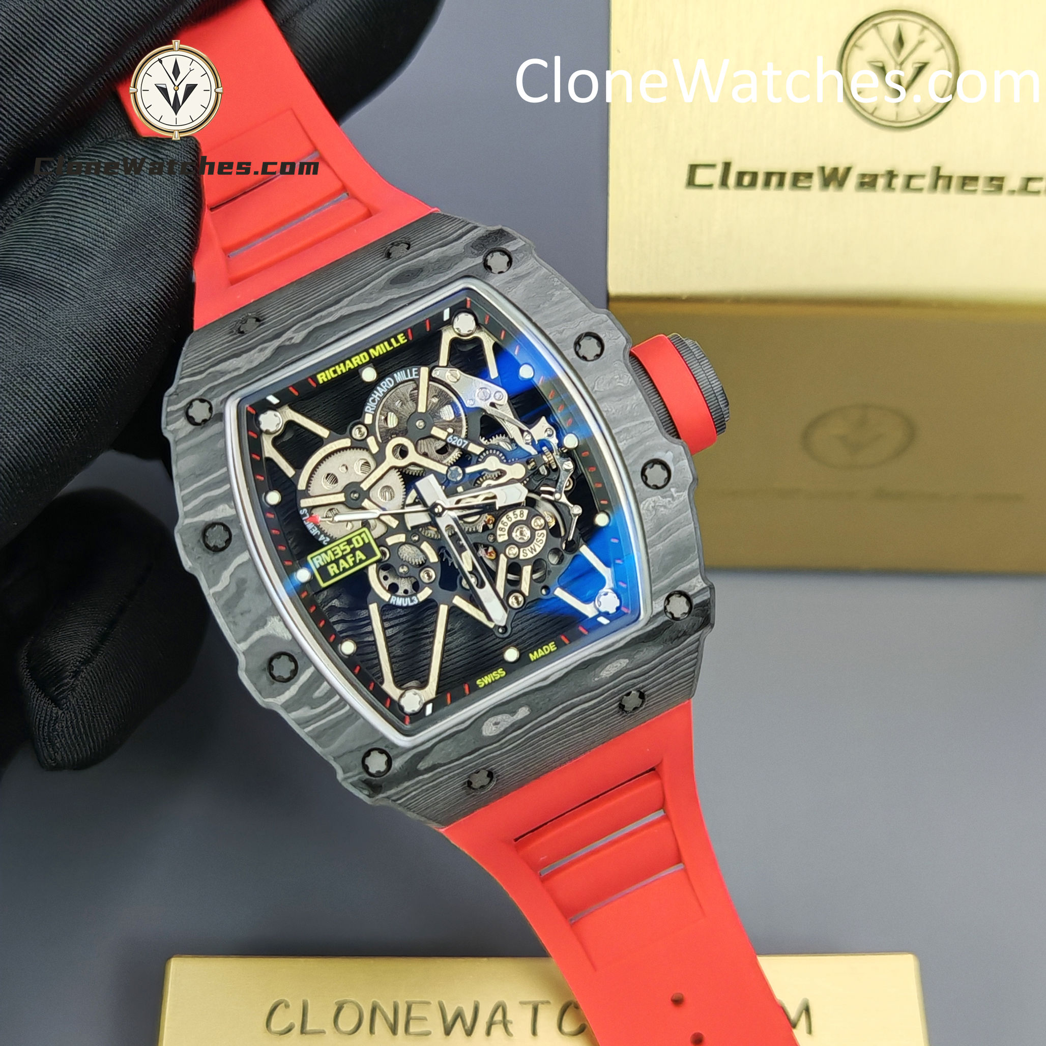 Richard Mille Super Clone Watches 1:1 RM 035 – 01 Carbon Tourbillon Red Strap