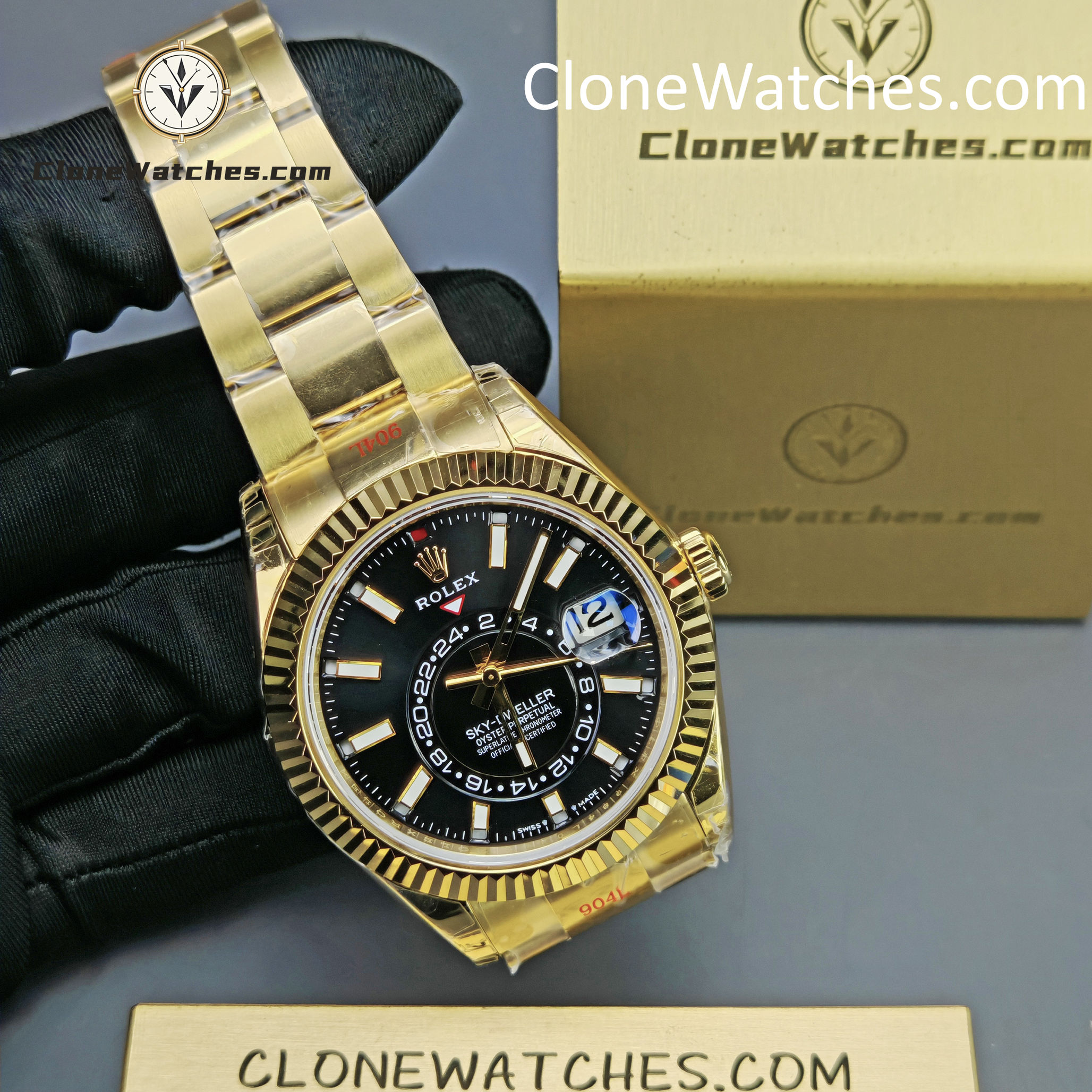 Rolex Super Clone Watches 1:1 Sky Dweller Yellow Gold Black Dial Oyster M336938-0002 9002 Movement